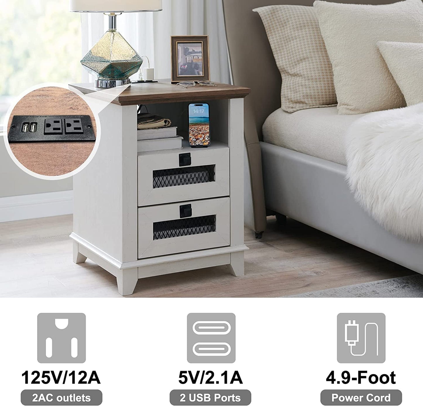 OKD 2-Drawer Wooden Nightstand with Charging Station for Living Room, Modern Square End Table, Antique White