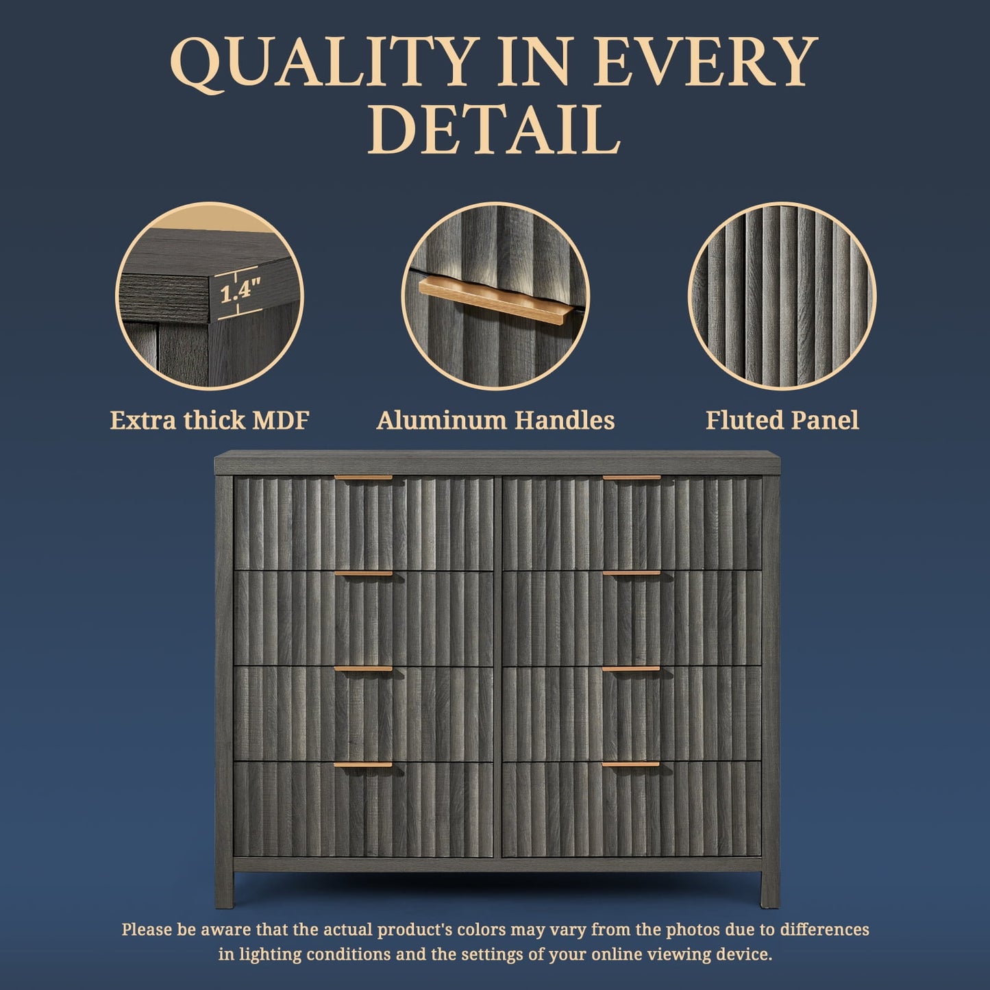 OAKHAM 8 Drawer Dresser, Fluted Wide Chest of Drawers for Bedroom Living Room, Midnight Oak