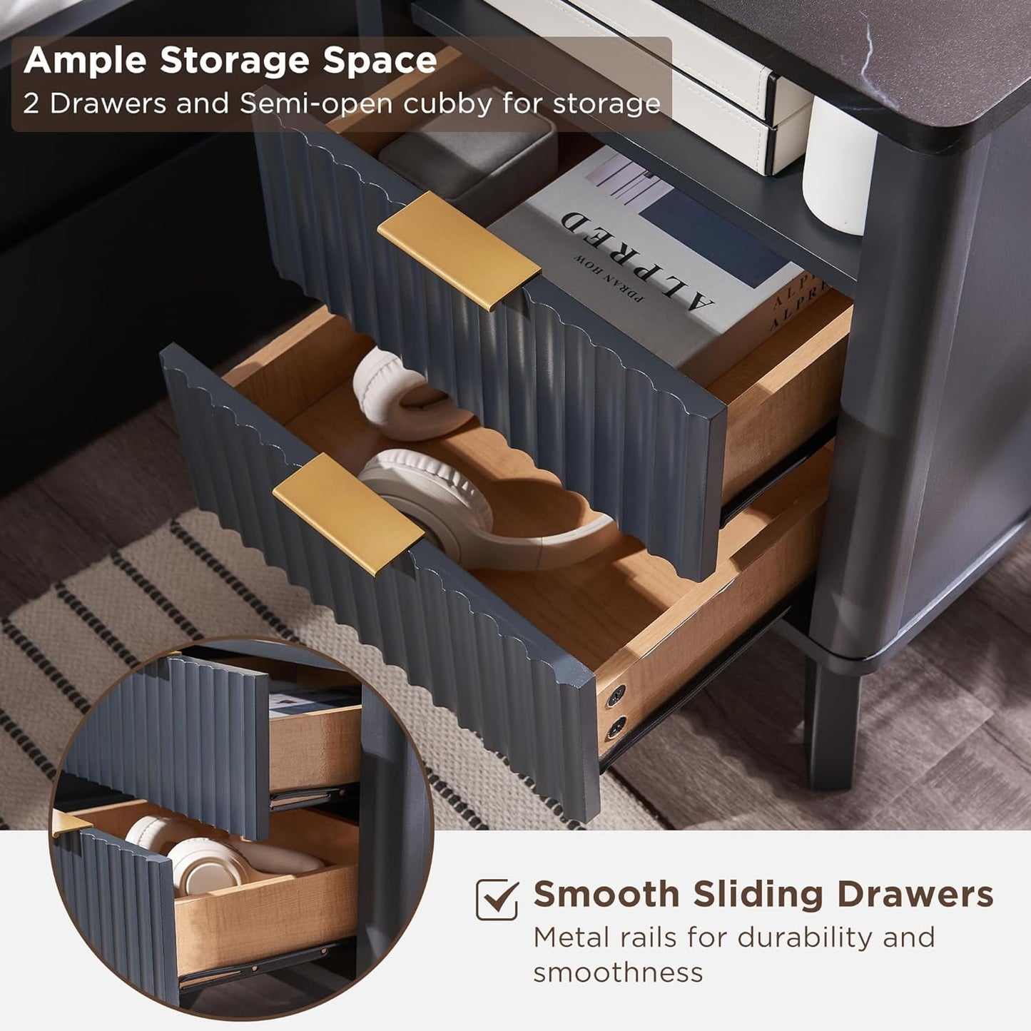 OKD 2-Drawer Mid-Century Nightstand with Charging Station, End Table for Living Room Bedroom, Fluted Panel, Dark Grey