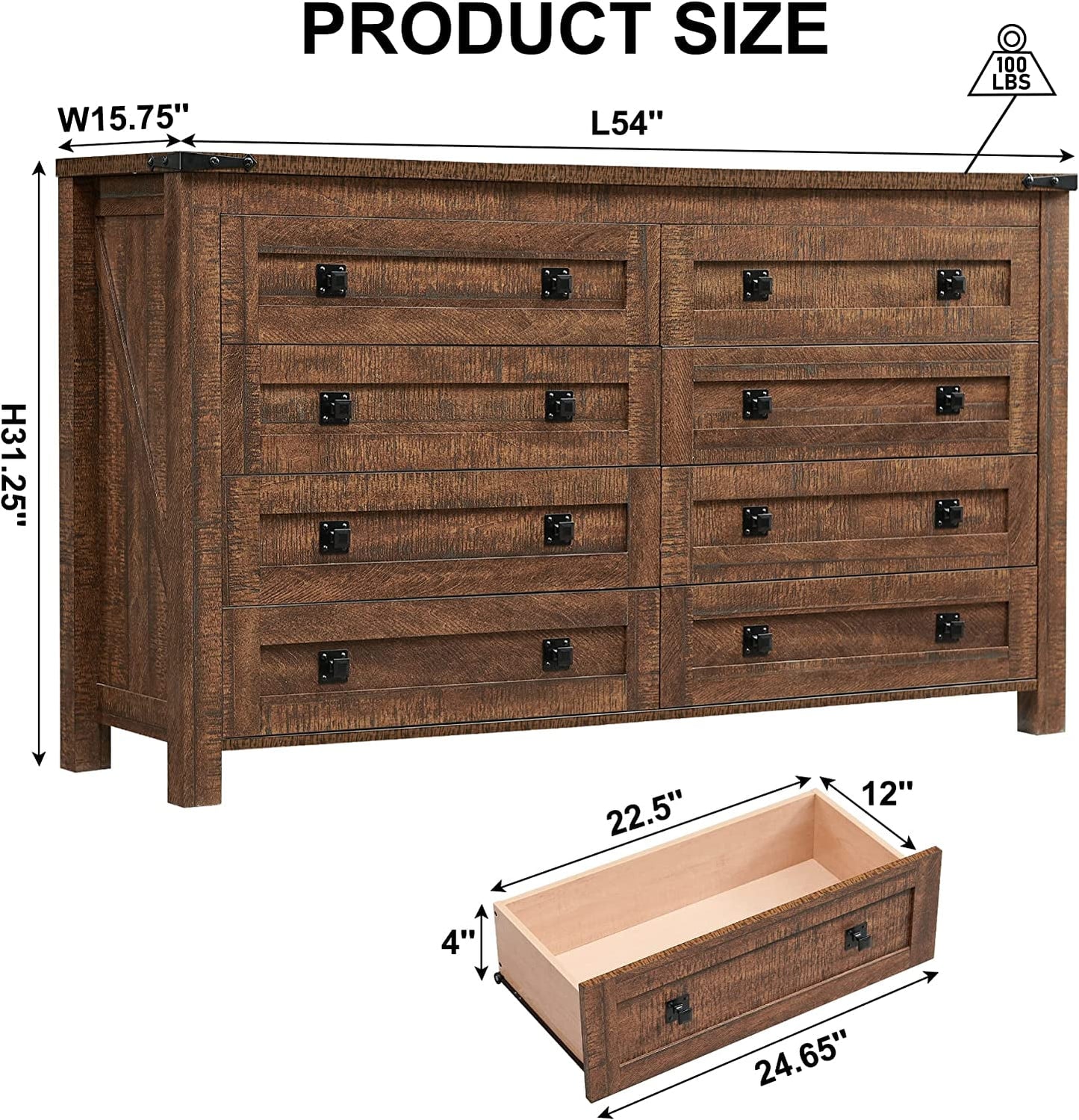 OKD 8 Drawers Dresser Chests for Bedroom Farmhouse, Wood Rustic Tall Chest of Drawers, Reclaimed Barnwood