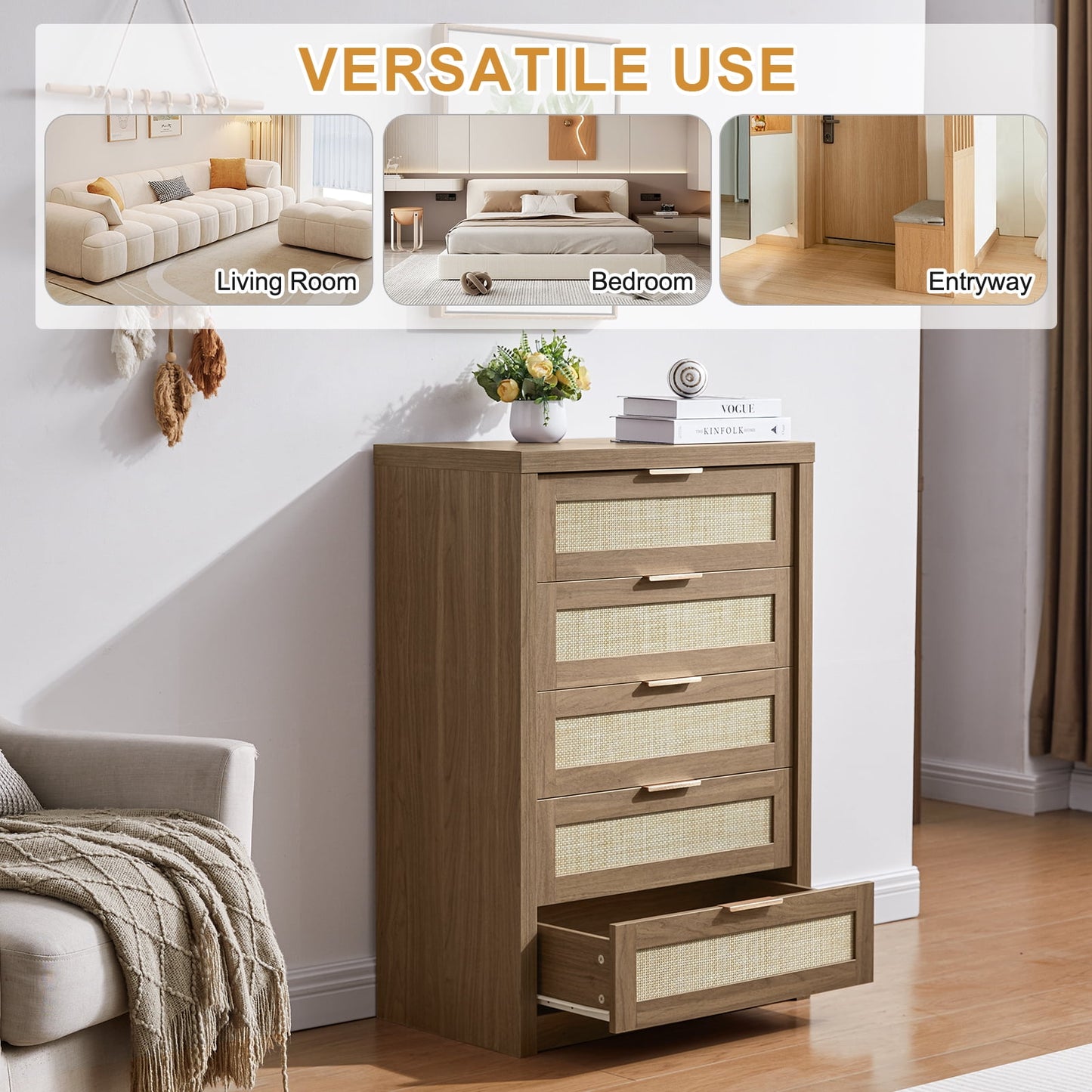 OAKHAM 5 Drawer Dresser, Rattan Wide Chest of Drawers for Bedroom Living Room, Special Walnut