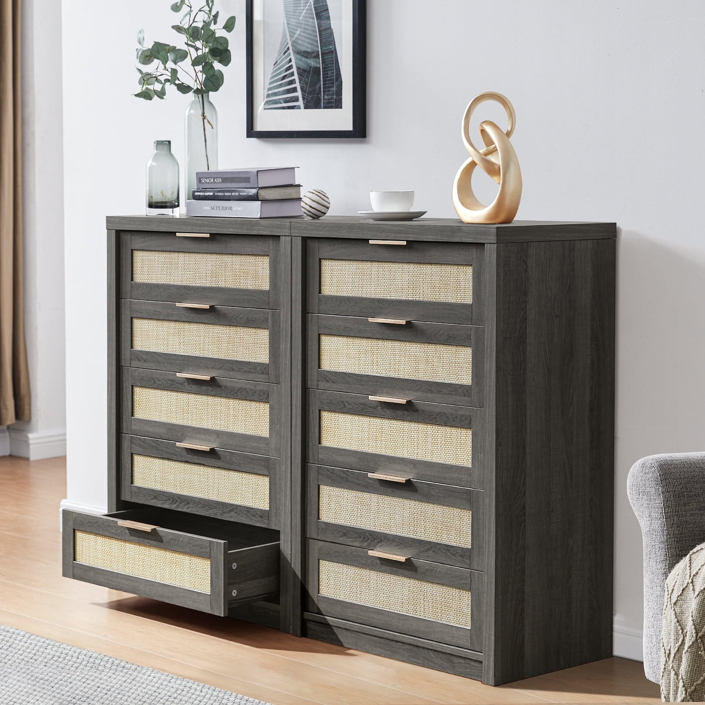 OAKHAM 5 Drawer Dresser, Rattan Wide Chest of Drawers for Bedroom Living Room, Midnight Oak