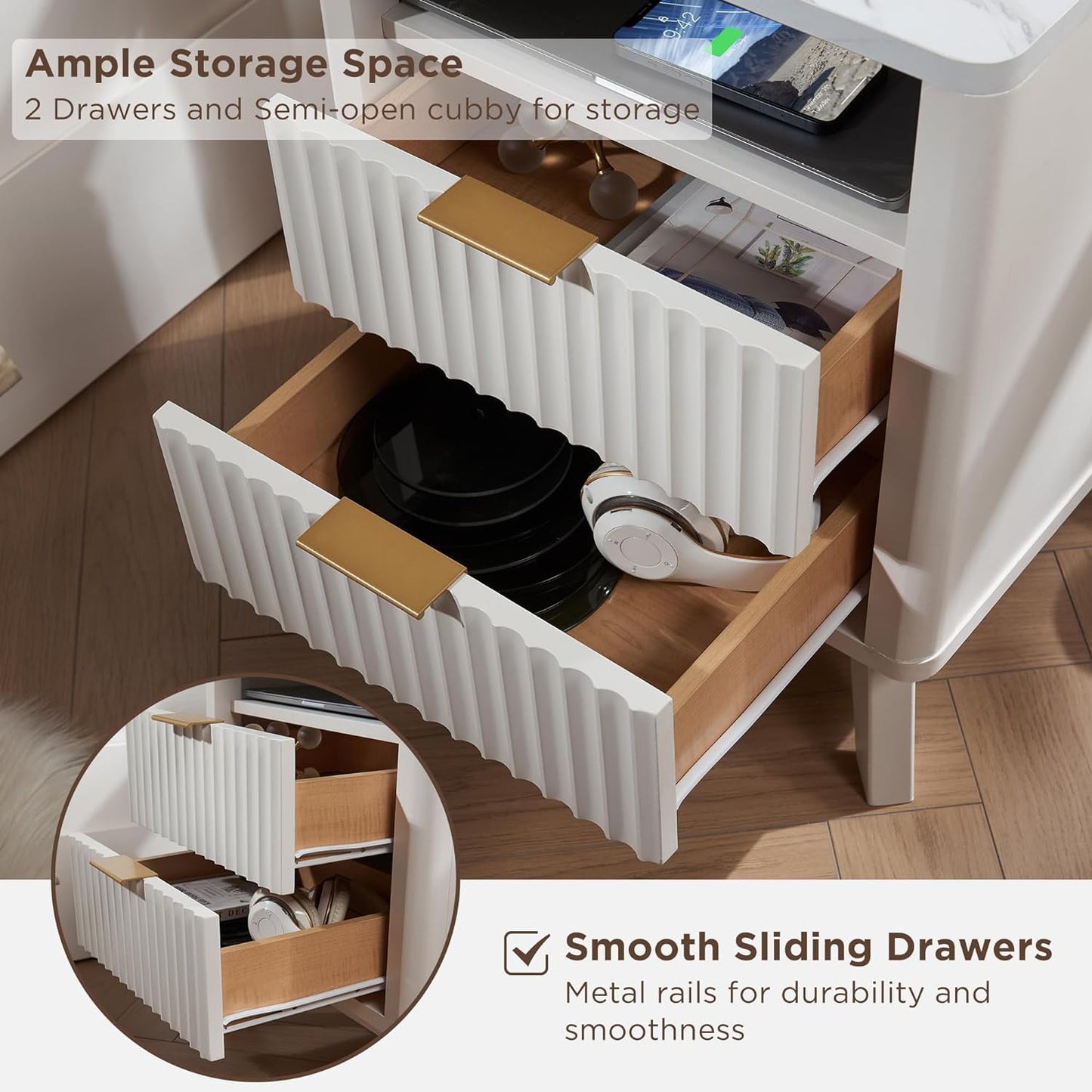 OKD 2-Drawer Mid-Century Nightstand with Charging Station, End Table for Living Room Bedroom, Fluted Panel, Solid White