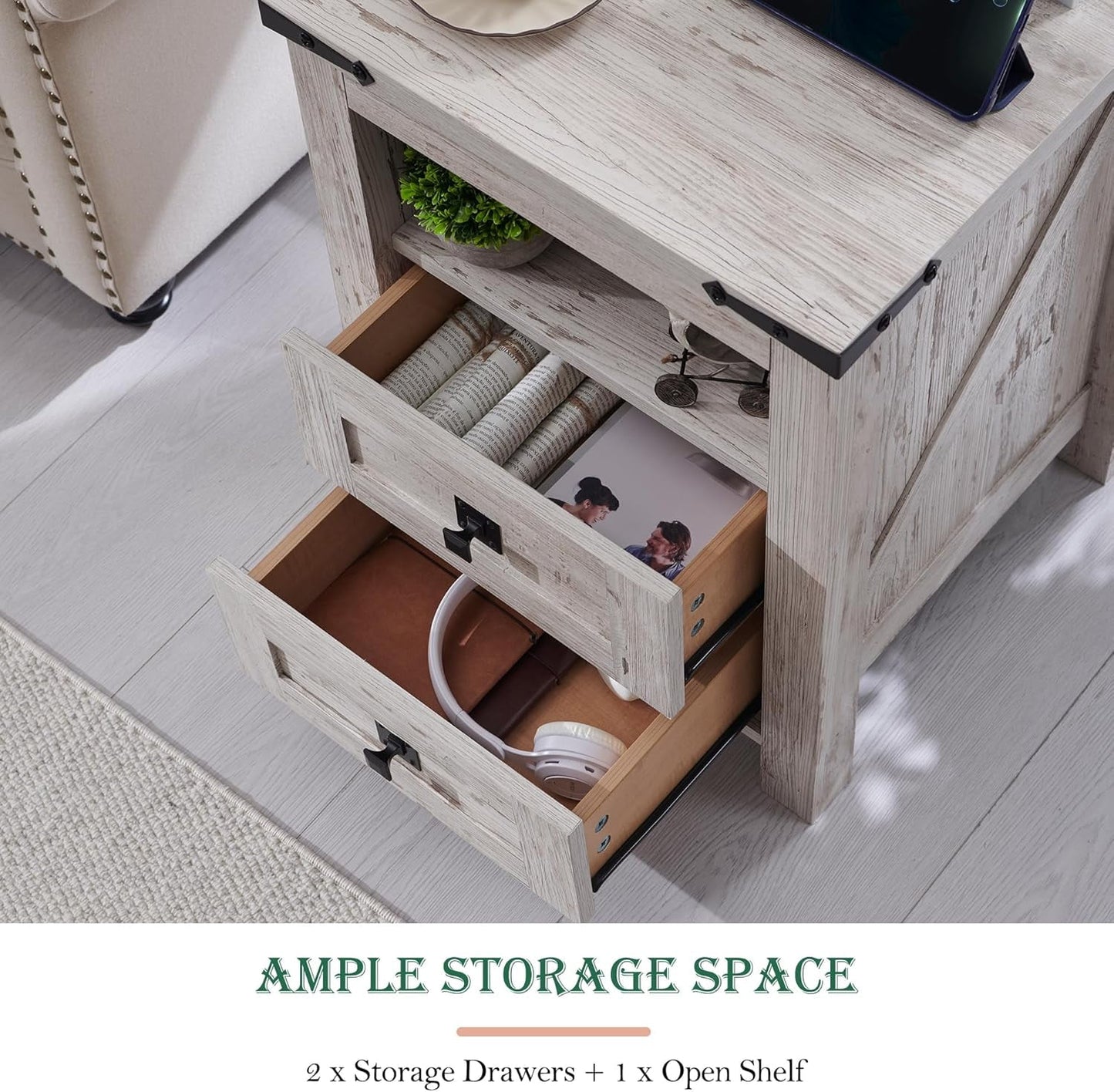 OKD Farmhouse 2-Drawer Nightstand with Charging Station, Antique Brush White