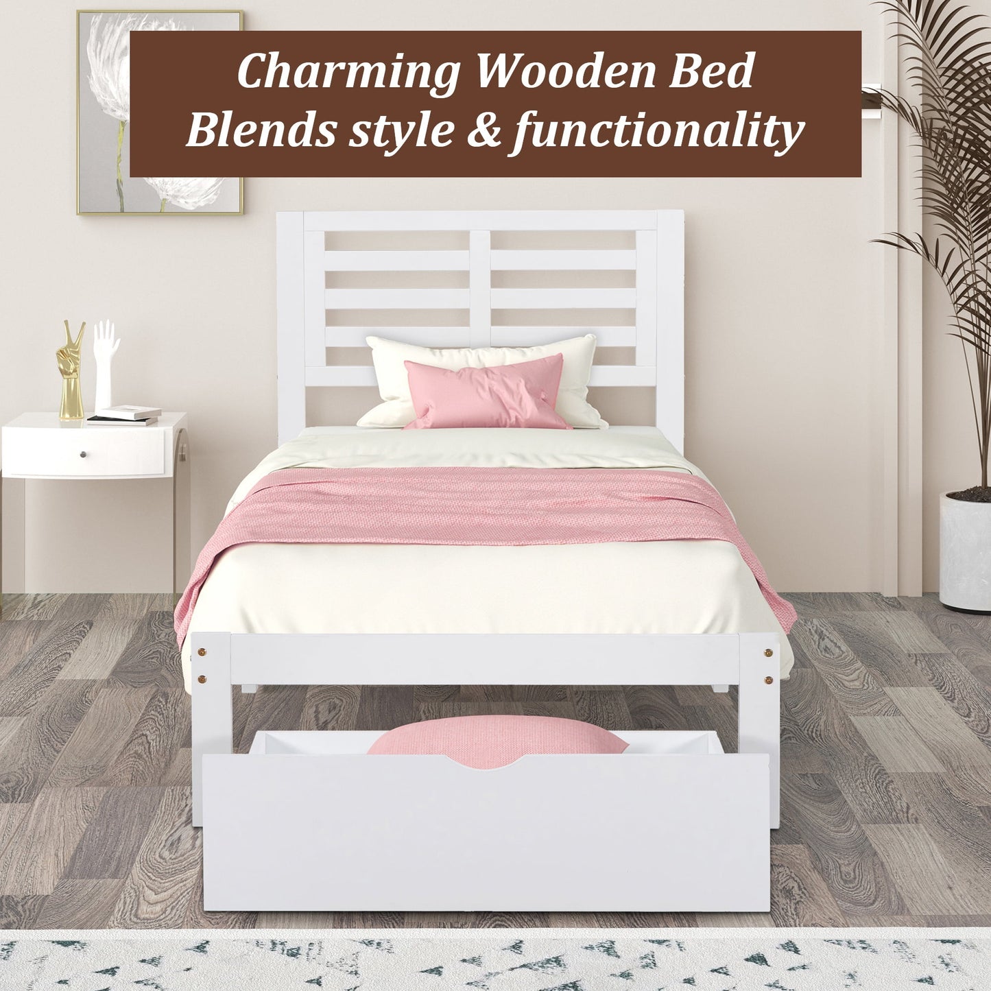 UHOMEPRO Twin Kids Platform Bed Frame with Headboard, Wood Twin Bed Frame Storage Bed for Bedroom, Modern Twin Size Bed Frame with Drawer, Wood Slats Support, No Box Spring Needed, White