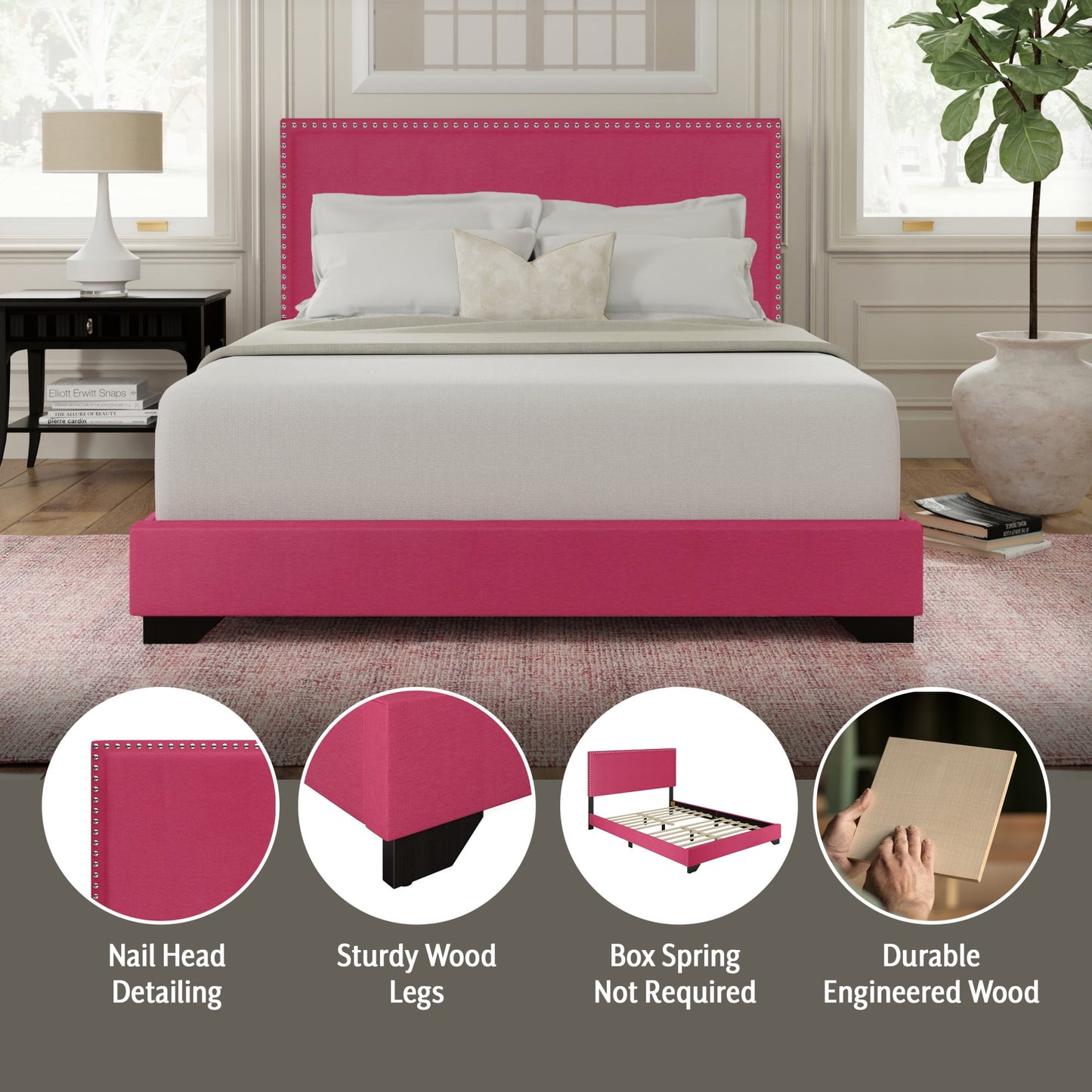 Skylar Nailhead Trim Upholstered Full Platform Bed, Pink