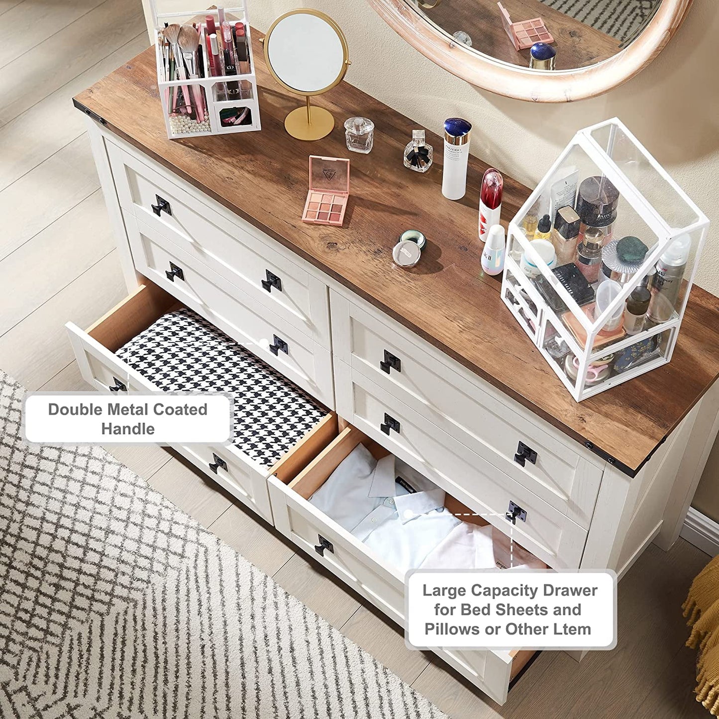 OKD 6 Drawers Dresser Chests for Home Bedroom, Farmhouse Wood Rustic Tall Chest of Drawers, Pull Drawers, off White