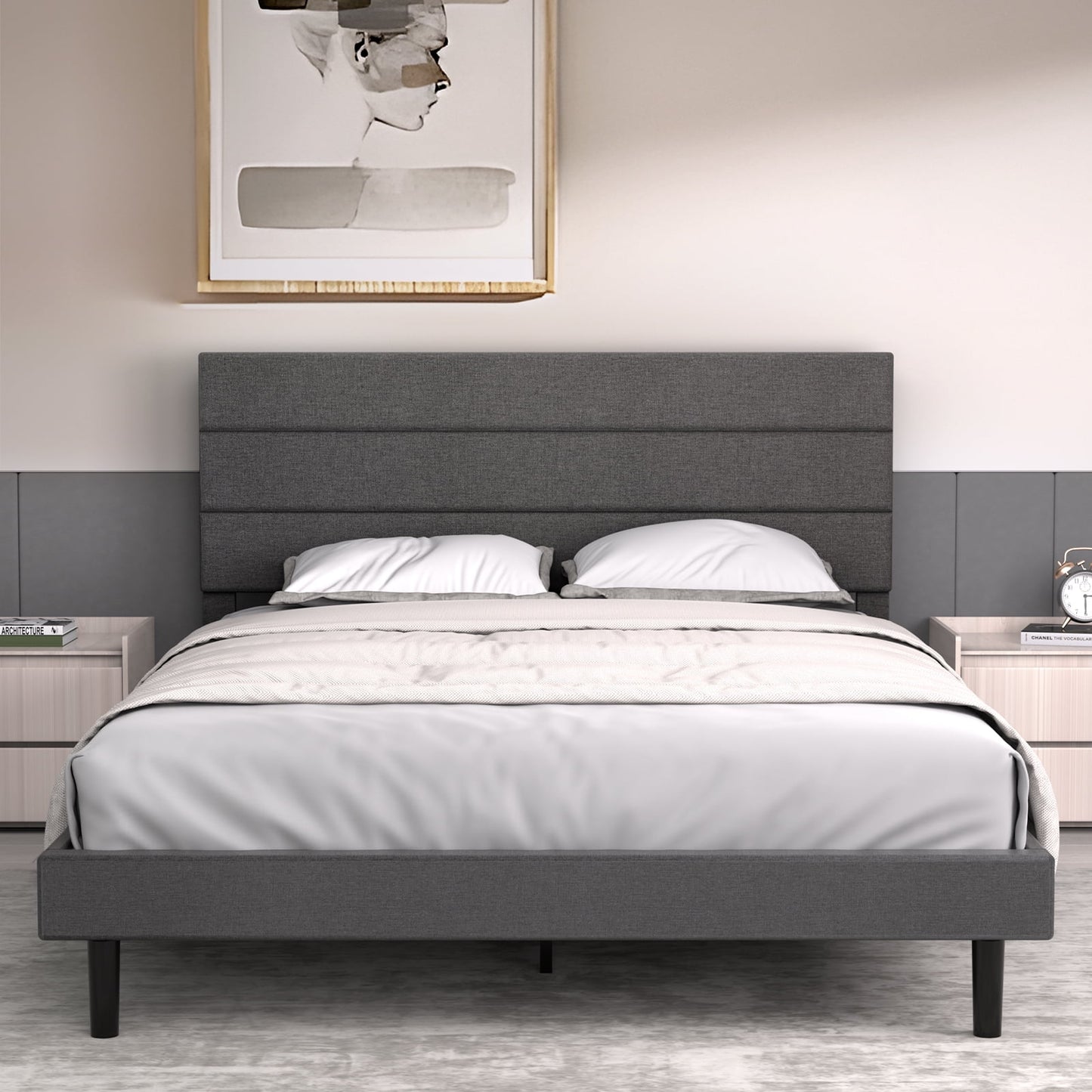 LAFGUR Queen Size Platform Bed Frame with Fabric Upholstered Headboard and Wooden Slats Support, Fully Upholstered Mattress Foundation/No Box Spring Needed/Easy Assembly, Dark Grey