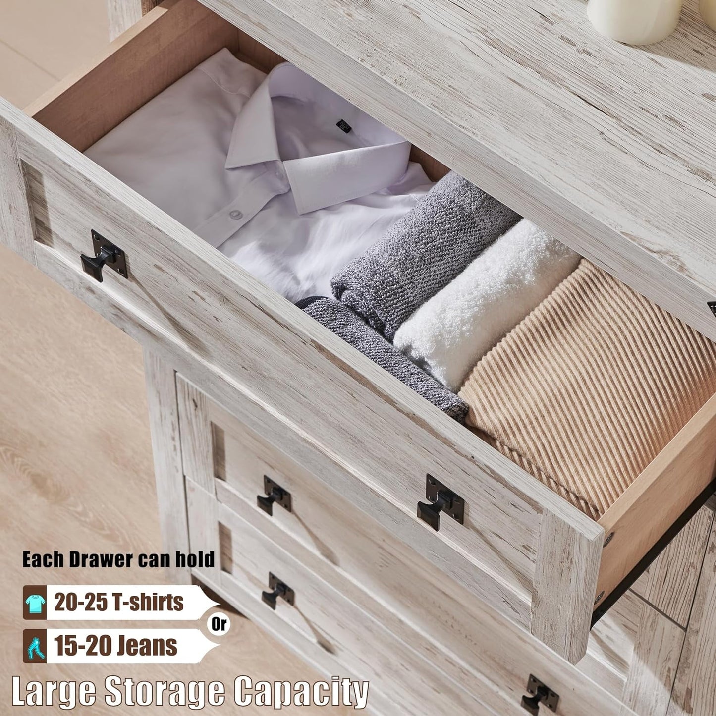 OKD 5 Drawers Dresser Chests for Bedroom Farmhouse, Wood Rustic Tall Chest of Drawers, Antique Brush White