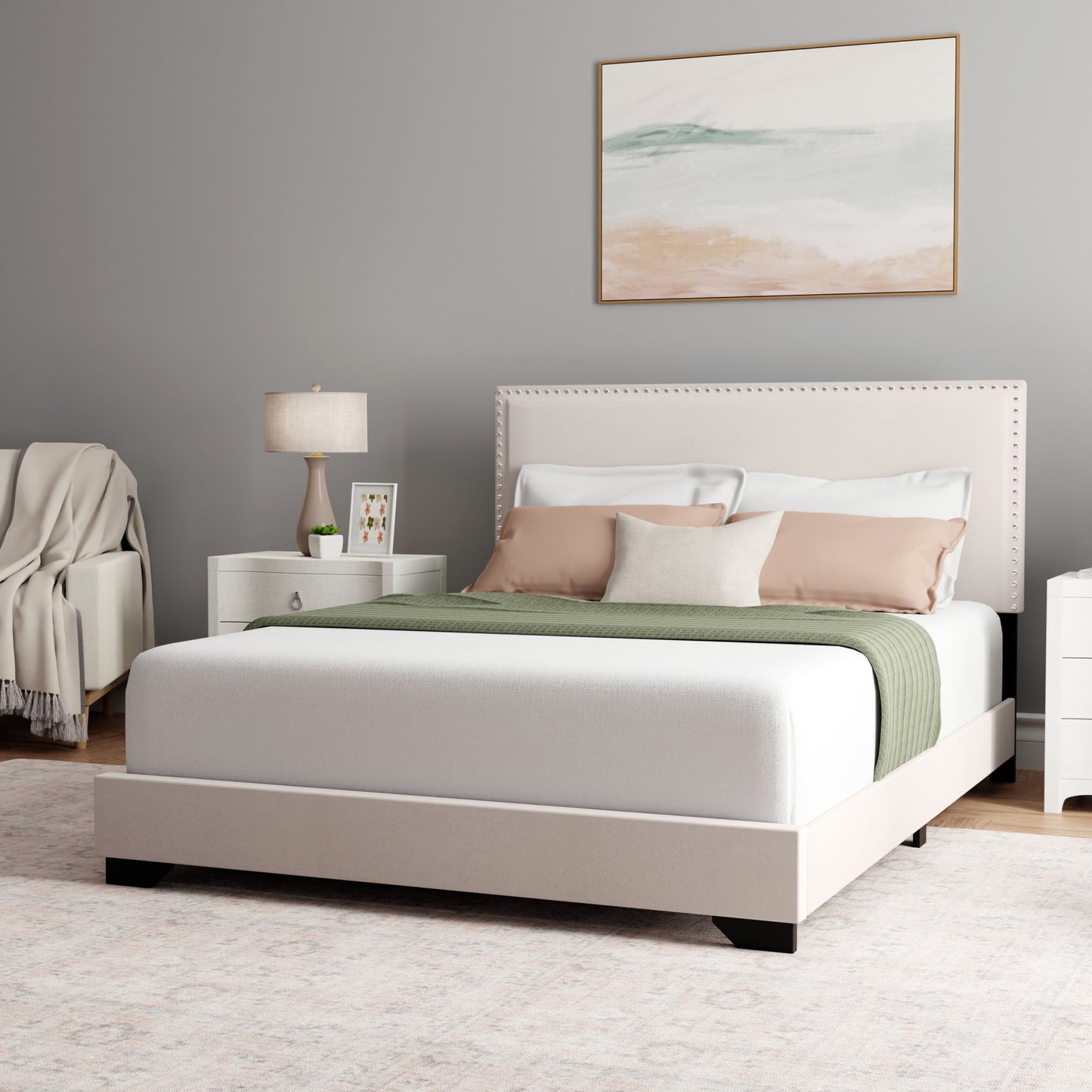 Skylar Nailhead Trim Upholstered Full Platform Bed, Cream