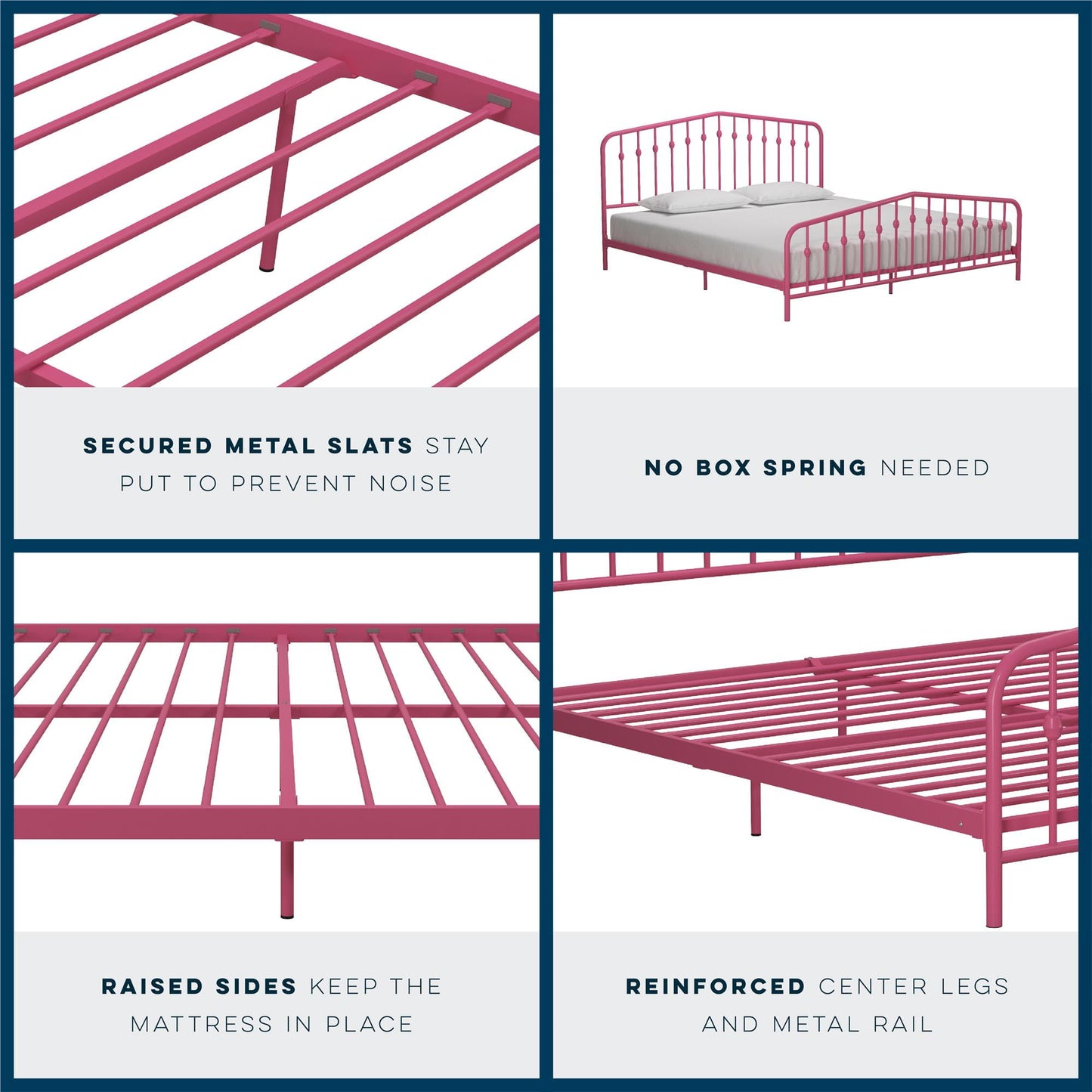 Novogratz Bushwick Metal Platform Bed Frame with Headboard, King, Hot Pink