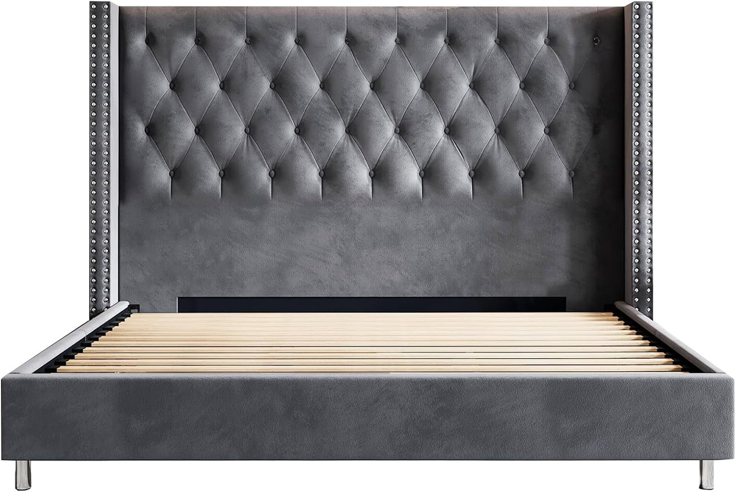 Jocisland Upholstered Bed Frame King Platform Bed Wingback Headboard Velvet Tufted Diamond Button/No Box Spring Needed/Gray