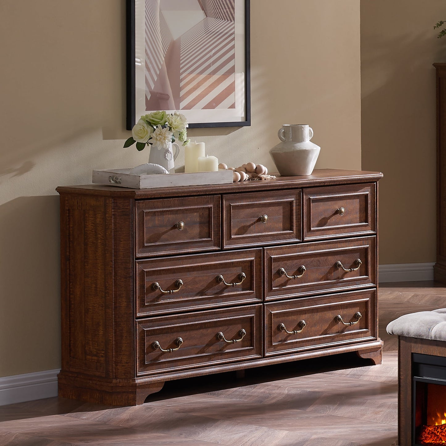 OKD Farmhouse 7 Drawers Dresser Chests for Bedroom, Wood Rustic Tall Chest of Drawers, Dressers Organizer for Living Room, Brown