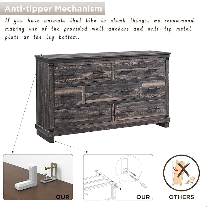 OKD Farmhouse 7 Drawers Dresser for Bedroom, Wood Large Chest of Drawers with Thick Plank Styling, Rustic Closet Dresser for Bedroom, Living Room, Dark Rustic Oak