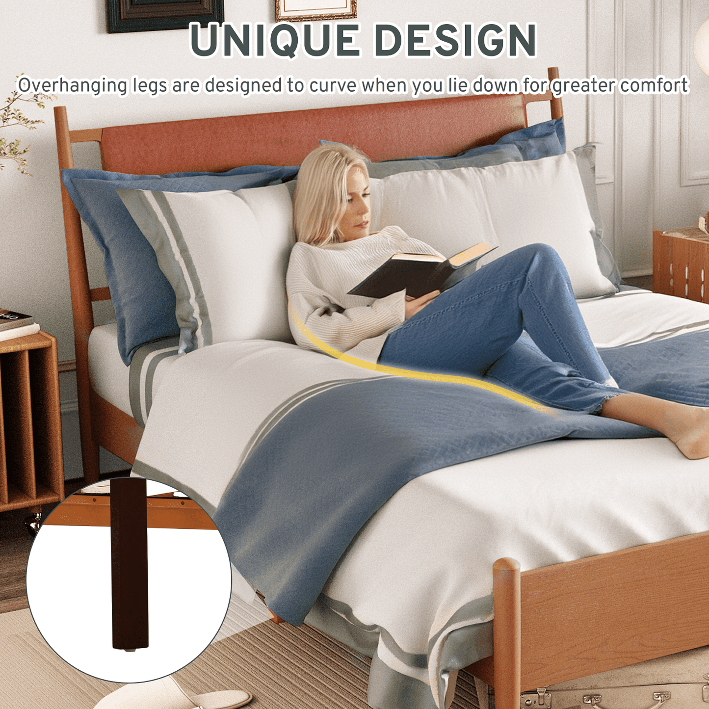 Hommow Modern Solid Wood Platform Bed, Bed Frame with Headboard, Solid Wood Bed Frame with Wood Slat Support, Queen, Orange