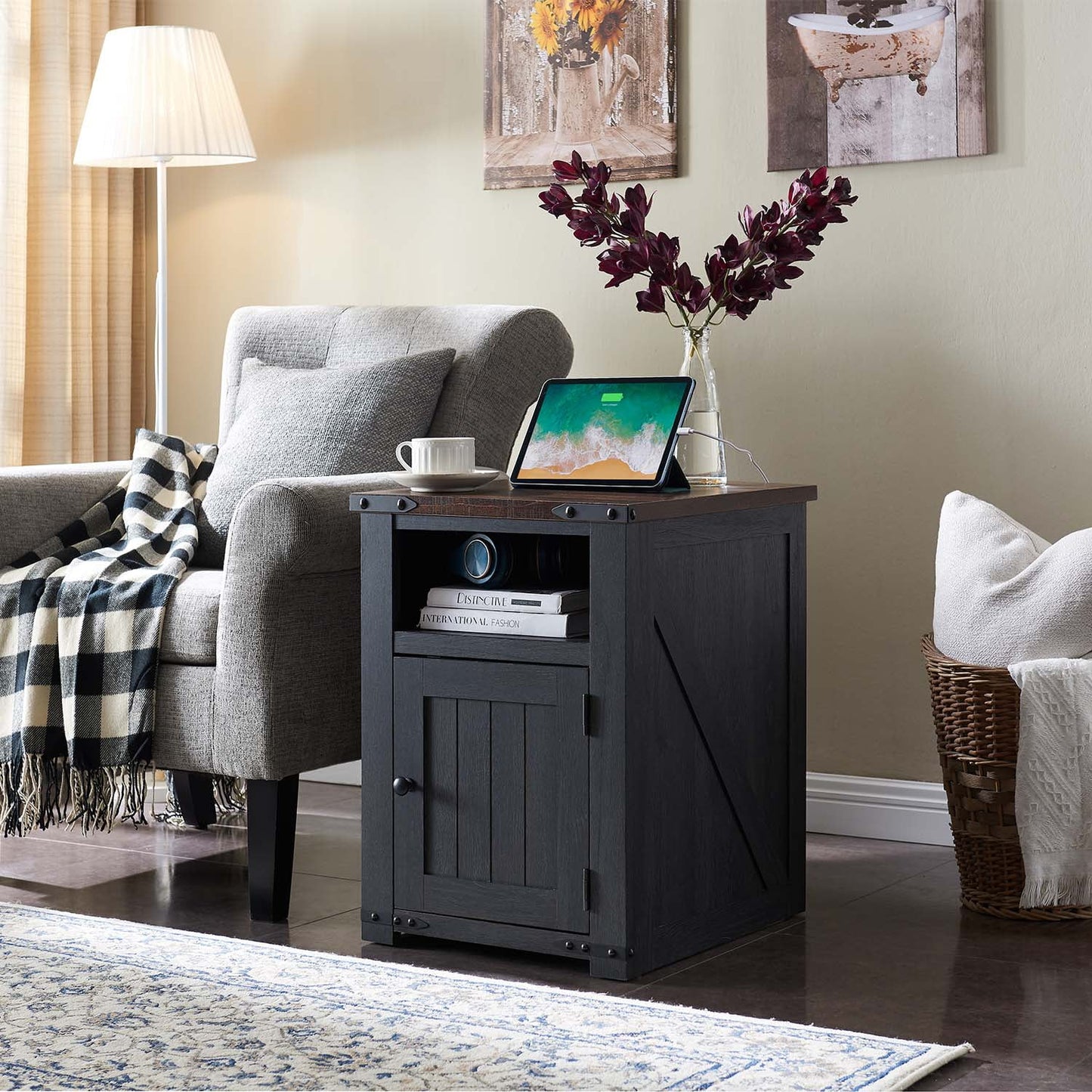 SinCiDo Nightstand with Charging Station, 20in Farmhouse End Table w/Groove Barn Door, Bedside Table