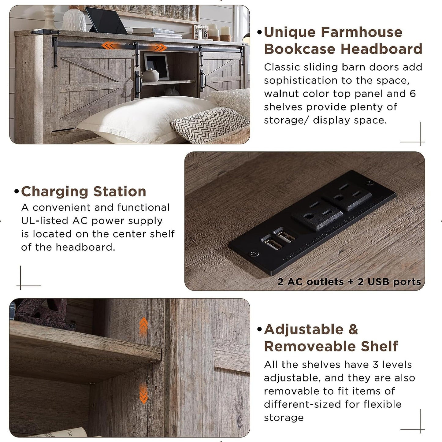 OKD Farmhouse Full Bed Frame, Wood Platform Bed with Bookcase Storage Headboard and Charging Station, No Box Spring Needed, Light Rustic Oak