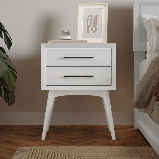 AFI Pasadena Solid Wood Mid-Century Modern Nightstand with 2 Drawers, White