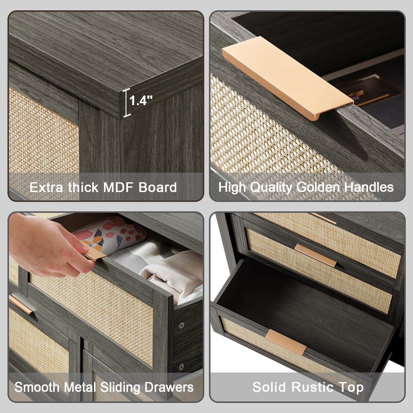 OAKHAM 6 Drawer Dresser, Rattan Wide Chest of Drawers for Bedroom Living Room, Midnight Oak