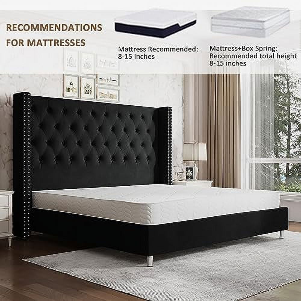 Jocisland Queen Bed Frame Upholstered Bed Wingback Headboard Velvet Tufted Diamond Button/No Box Spring Needed/Easy Assembly/Black