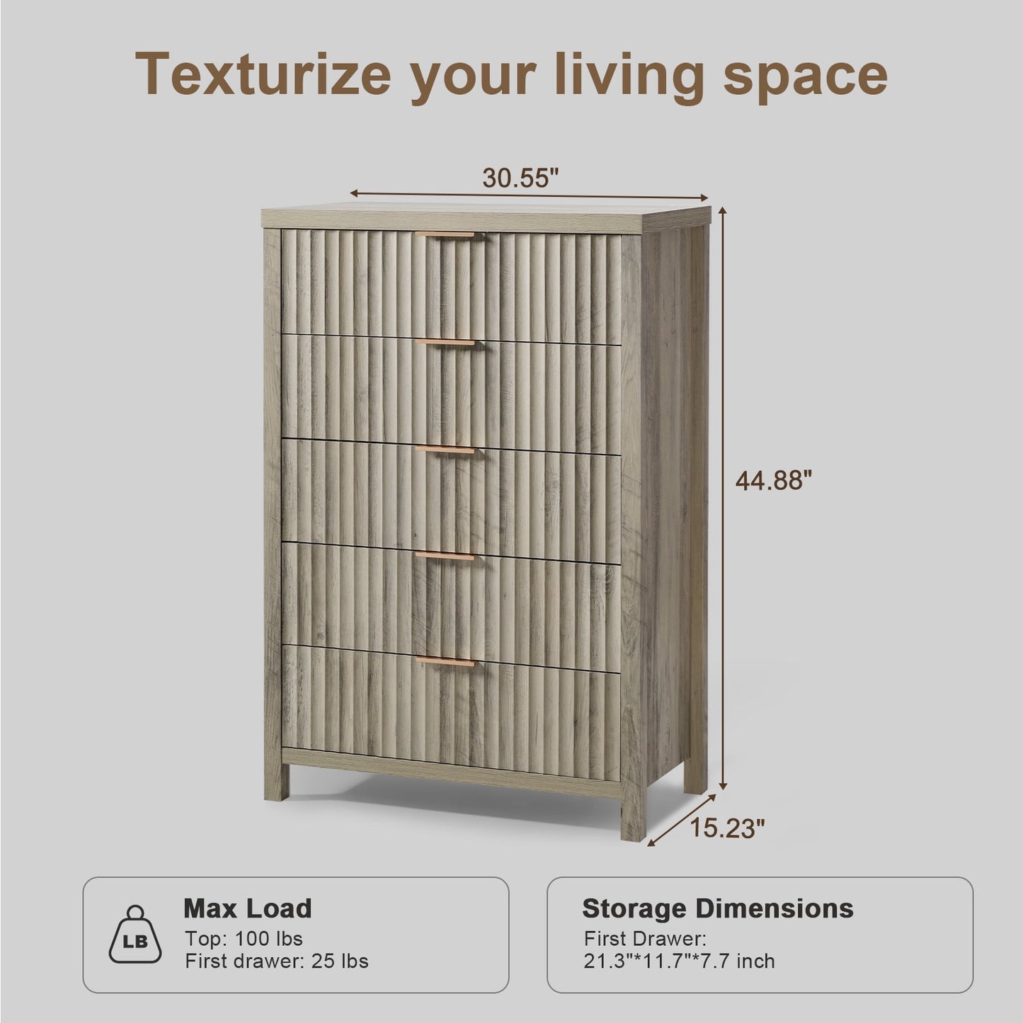 OAKHAM 5 Drawer Dresser, Fluted Vertical Chest of Drawers for Bedroom Living Room, Gray Oak