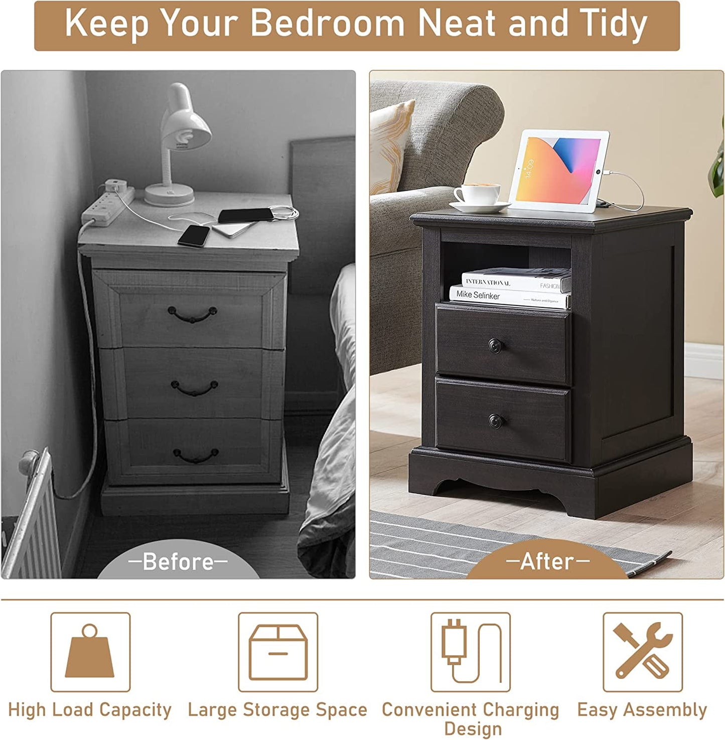 OKD Farmhouse 2-Drawer Nightstand with Charging Station, Modern End Table , Wood Rustic Bedside Tables with Open Storage Shelf , Espresso