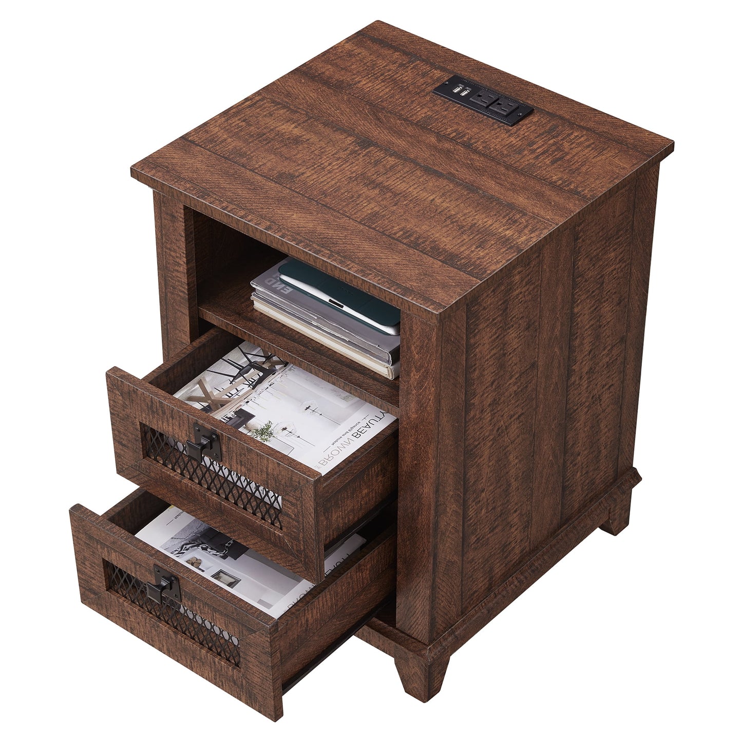 OKD 2-Drawer Farmhouse Wooden Nightstand with USB Charging Station for Living Room, Modern Square End Table, Reclaimed Barnwood