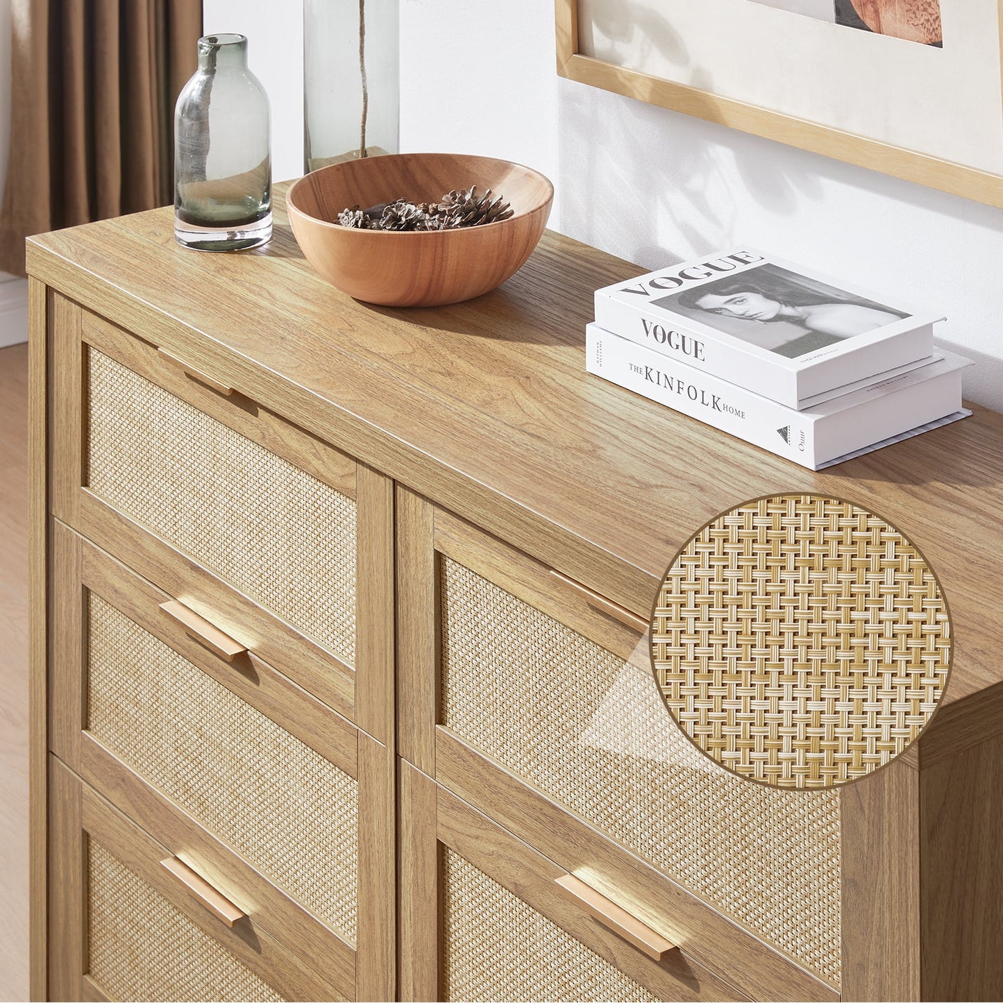 OAKHAM 6 Drawer Dresser, Rattan & Modern Wood Wide Chest of Drawers for Bedroom Living Room