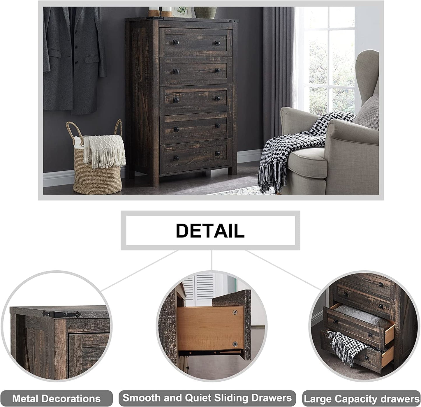 OKD 5 Drawers Dresser Chests for Bedroom Farmhouse, Wood Rustic Tall Chest of Drawers, Dark Rustic Oak