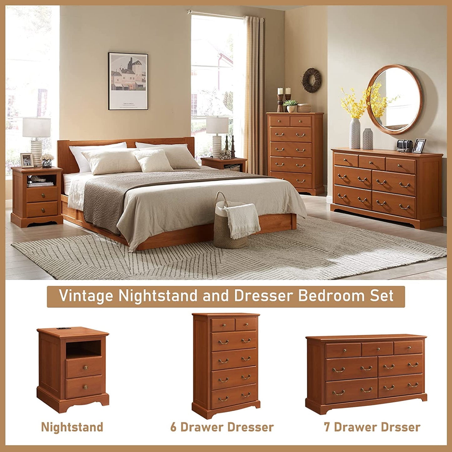 OKD 7 Drawers Dresser for Bedroom, Wide Chests of Drawers Storage Dresser Chests, Wood Rustic Storage Closet, Cherry