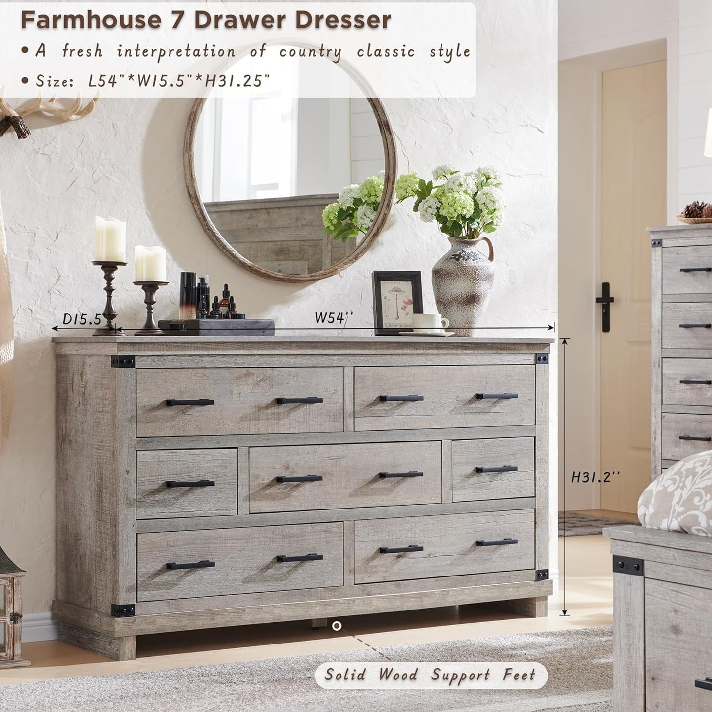 OKD 54in W Farmhouse Dresser 7 Drawers Modern Rustic Wood Chest of Drawers Closet Storage Organizers for Bedroom Living Room Hallway£¬Light Rustic Oak