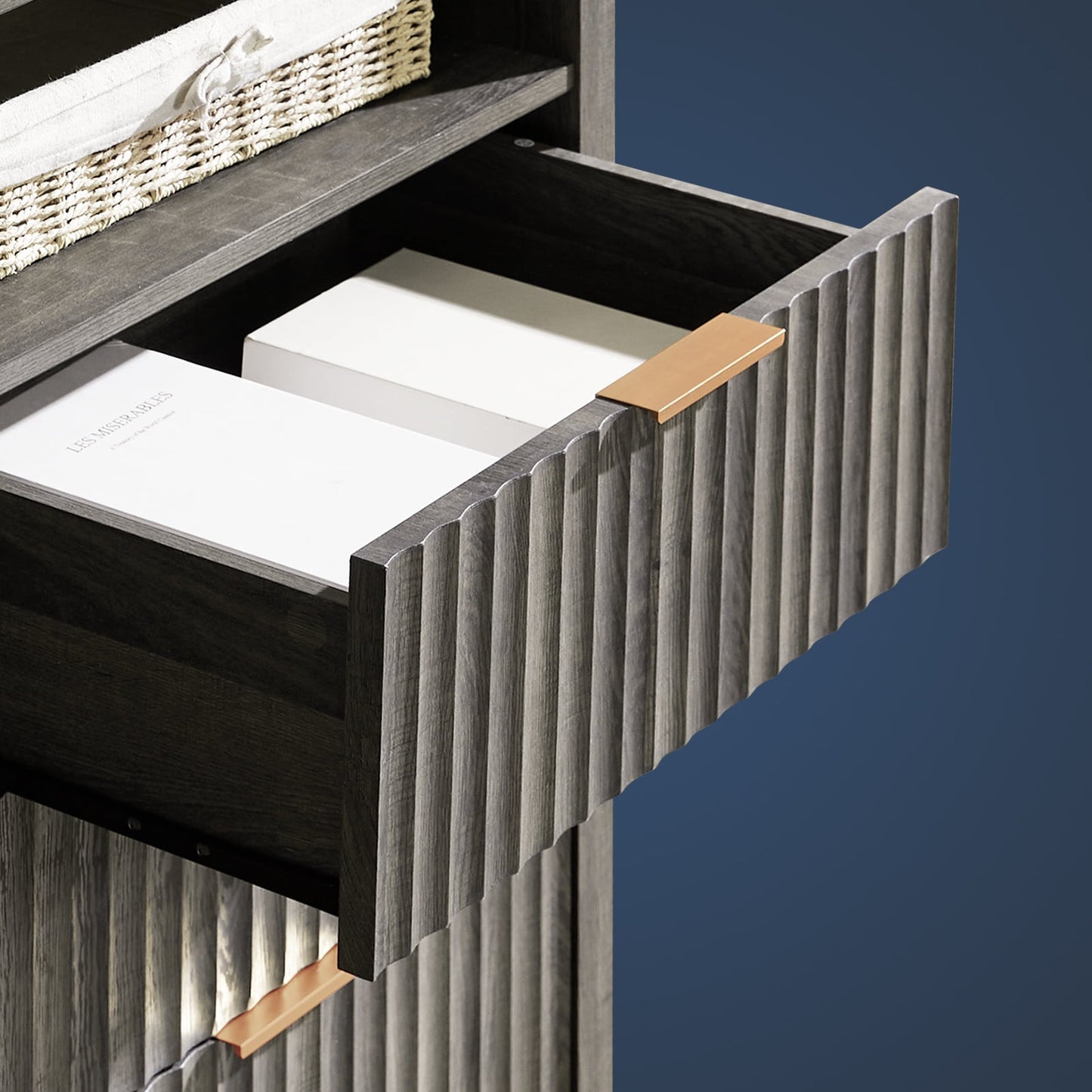 OAKHAM 6 Drawer Dresser, Fluted Wide Chest of Drawers for Bedroom Living Room, Midnight Oak