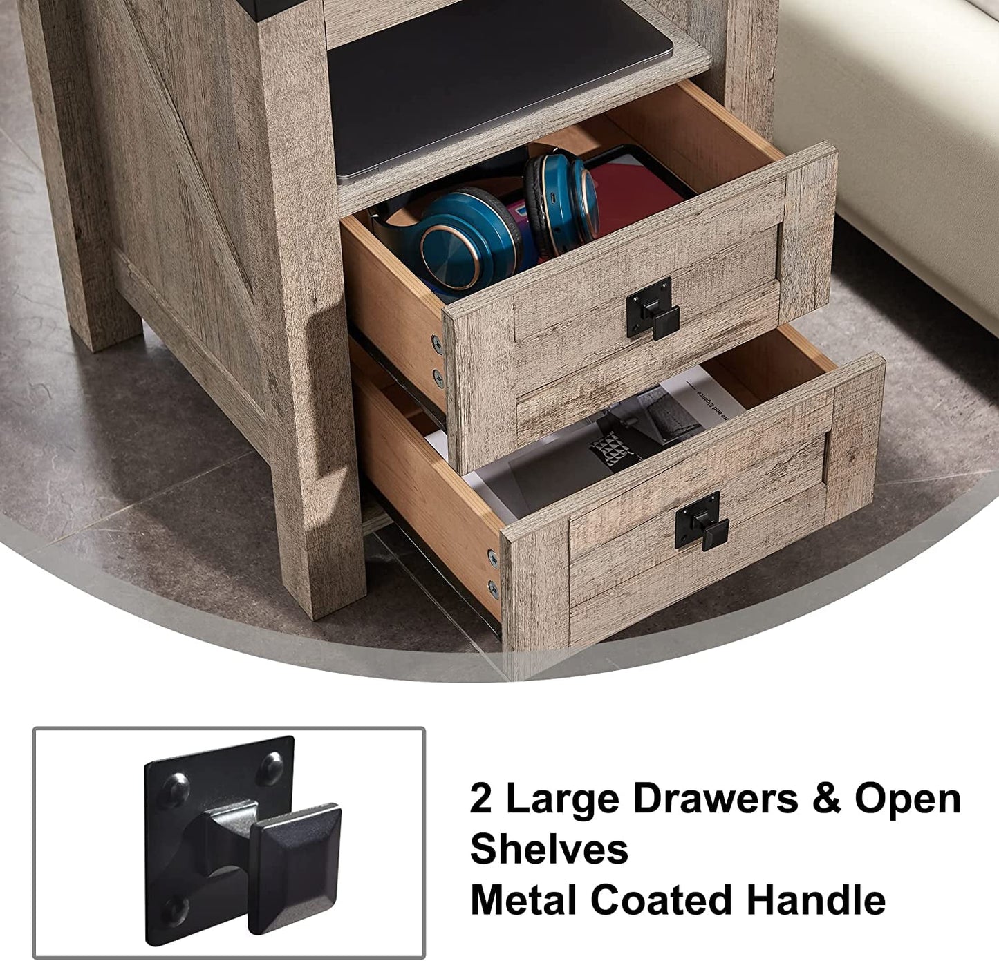 OKD 2-Drawer Nightstand with Charging Station for Living Room, End Table, Side Table, Light Rustic Oak