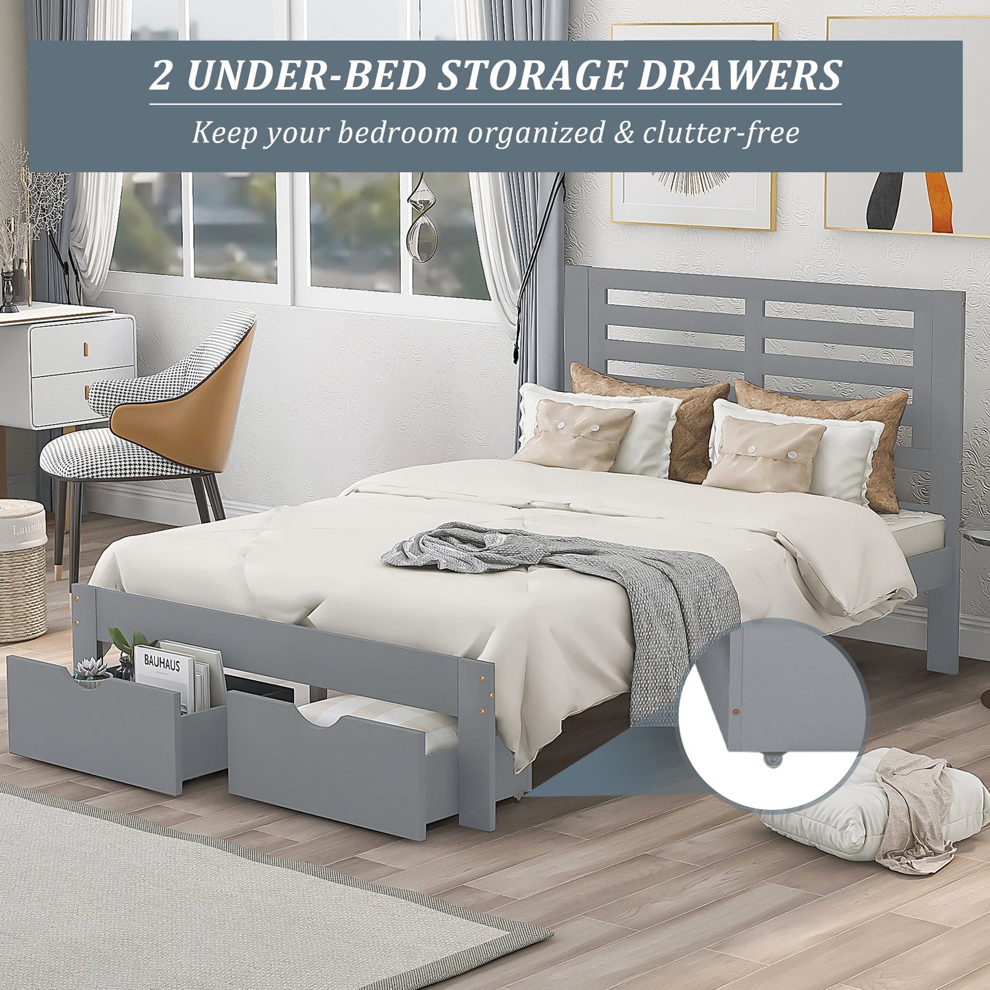 UHOMEPRO Platform Bed Frame Storage Bed with Headboard, Pine Wood Full Bed Frame for Bedroom, Modern Full Size Bed Frame with Drawers, Wood Slats Support, Holds 400 lb, No Box Spring Needed, Gray