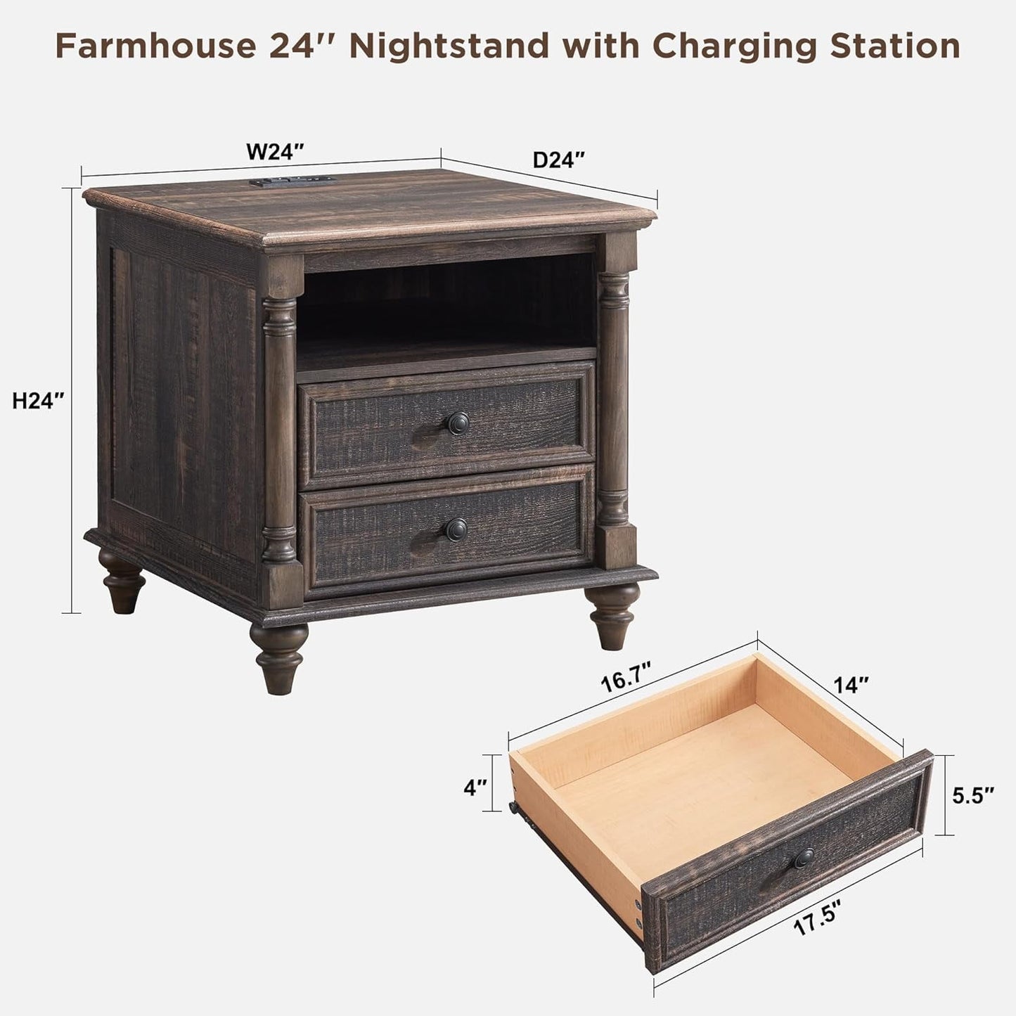 OKD Farmhouse 24in Side Table With 2 Drawers End Table with Charging Station, Tall Rustic Wood Square Nightstand for Living Room, Bedroom, Office,Dark Rustic Oak