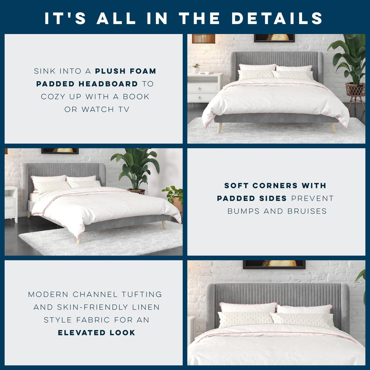 Novogratz Holly Upholstered Wingback Bed, Queen, Light Gray Velvet