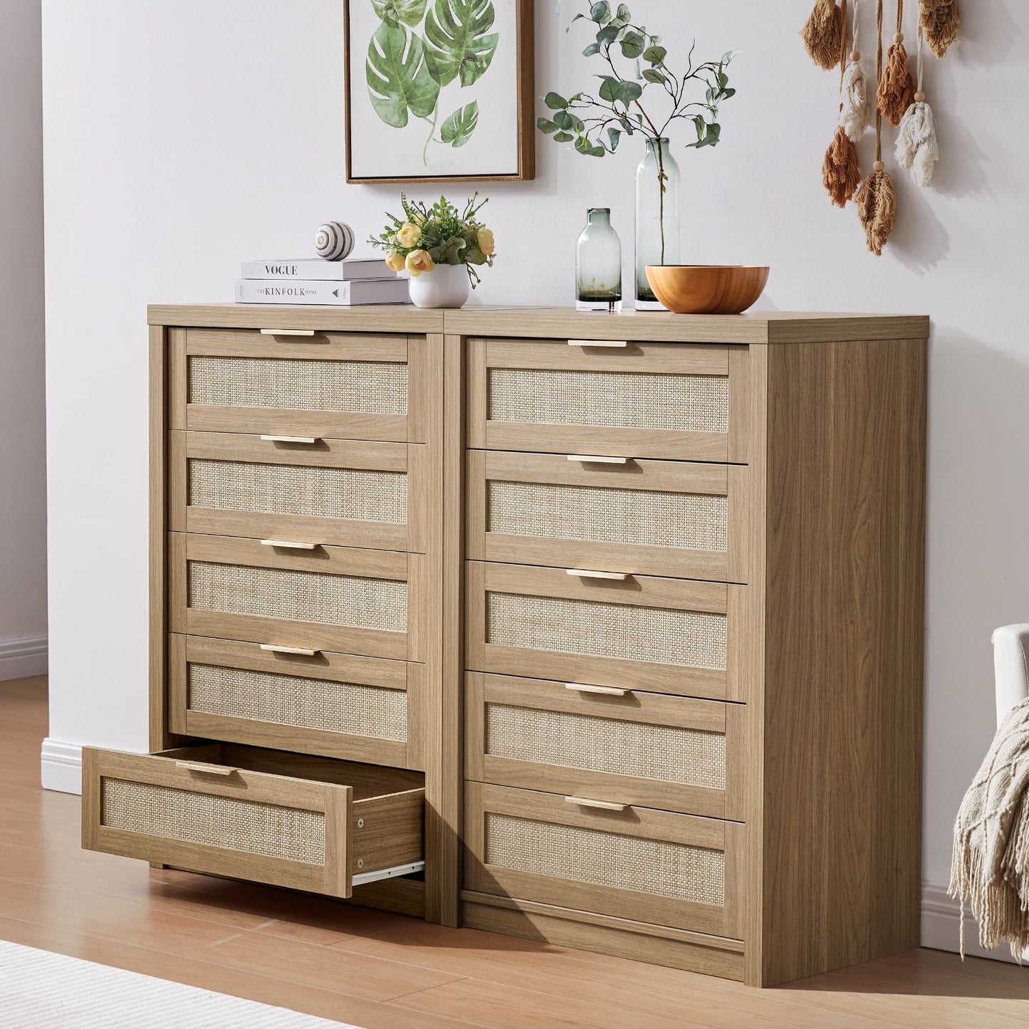 OAKHAM 5 Drawer Dresser, Rattan Wide Chest of Drawers for Bedroom Living Room, Set of 2, Weathered Oak