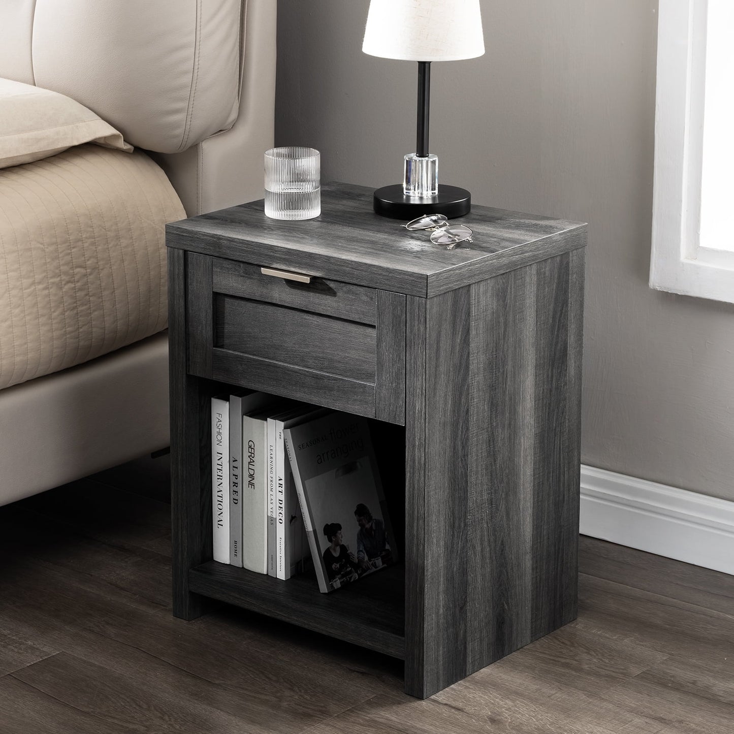 OAKHAM Farmhouse Nightstands Set of 2, Boho End Table with Drawer and Open Shelf, Bedside Table for Bedroom Living Room, Midnight Oak