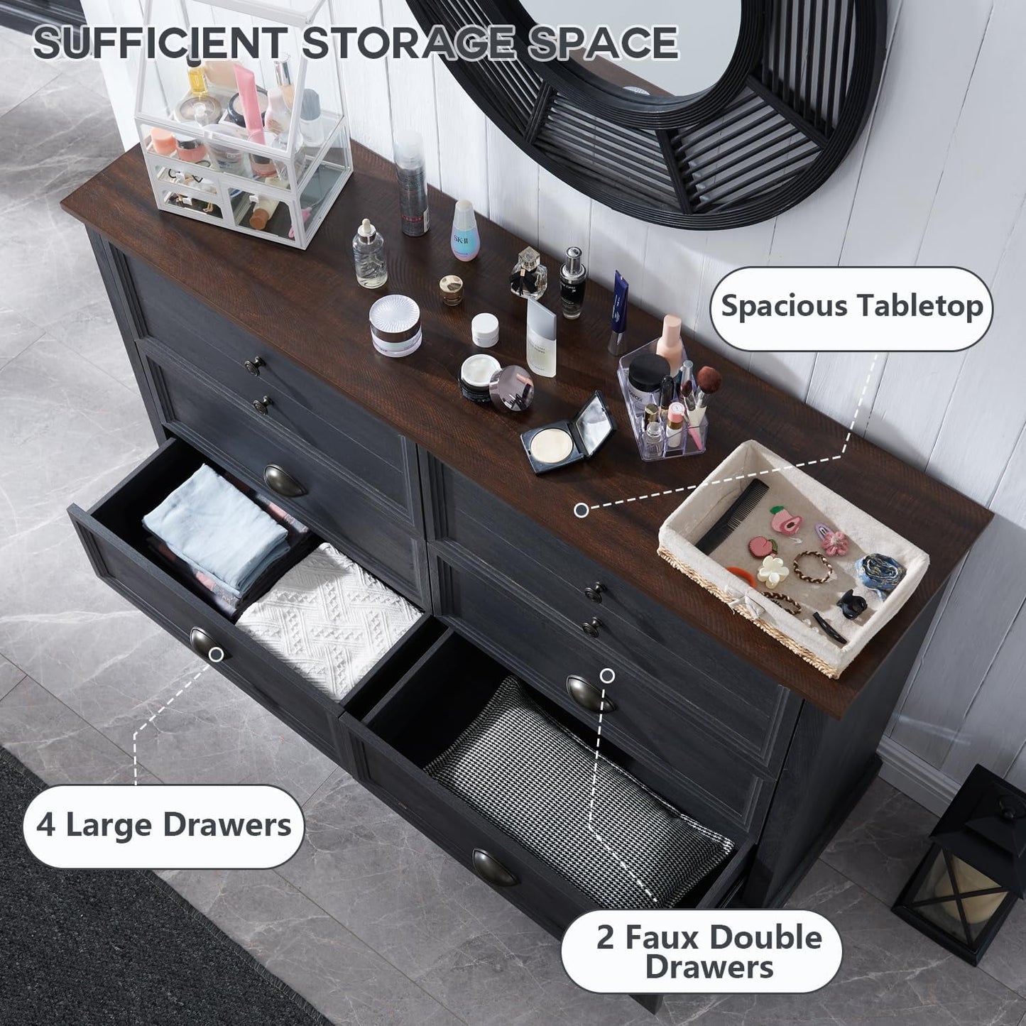 SinCiDo Farmhouse Dresser, Wooden 6 Drawer, Rustic Tall Storage Organizer, Dark Grey