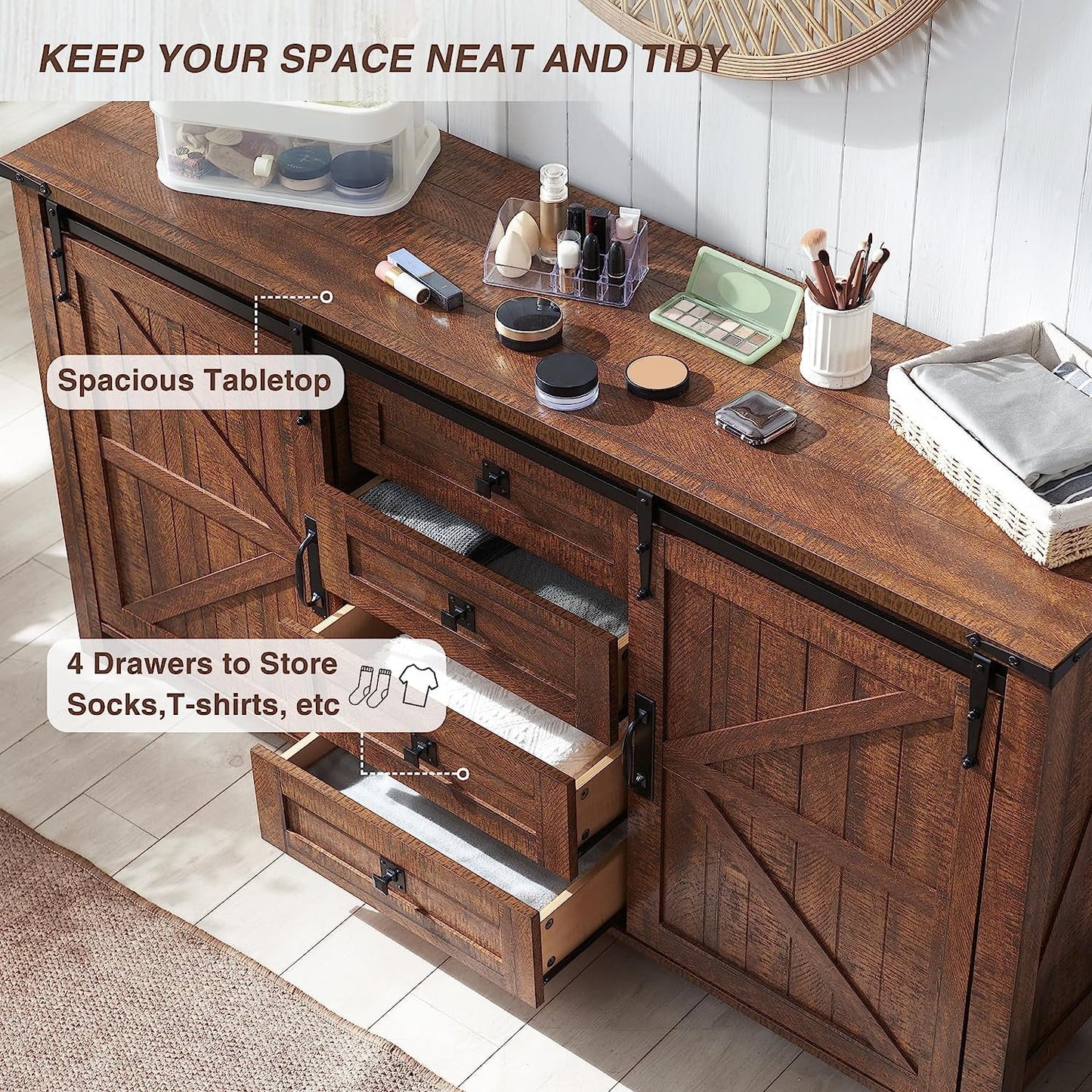 OKD 60in Farmhouse Dresser 4 Drawer Modern Wood Rustic Storage Cabinet with Sliding Barn Door for Bedroom, Chest of Drawers Wood Organizer TV Stand for Living Room, Reclaimed Barnwood