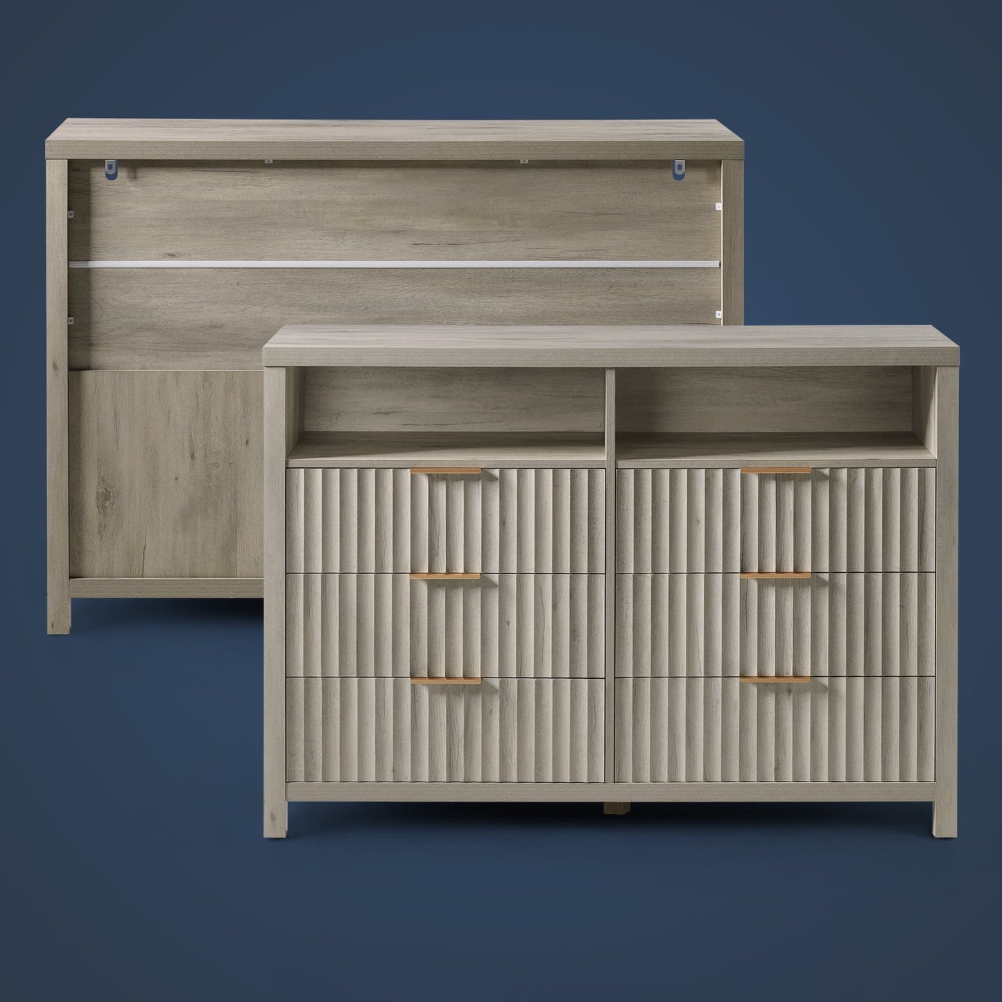 OAKHAM 6 Drawer Dresser, Fluted Wide Chest of Drawers for Bedroom Living Room, Gray Oak