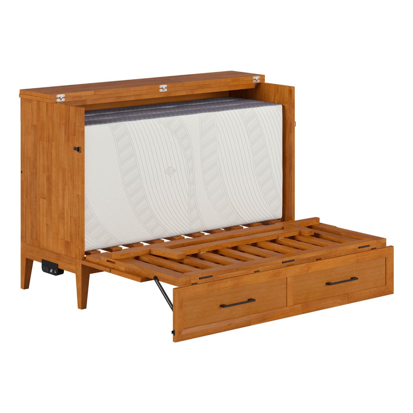 AFI Santa Fe Twin Wood Murphy Bed Chest with Mattress and Built-in Charger, Light Toffee