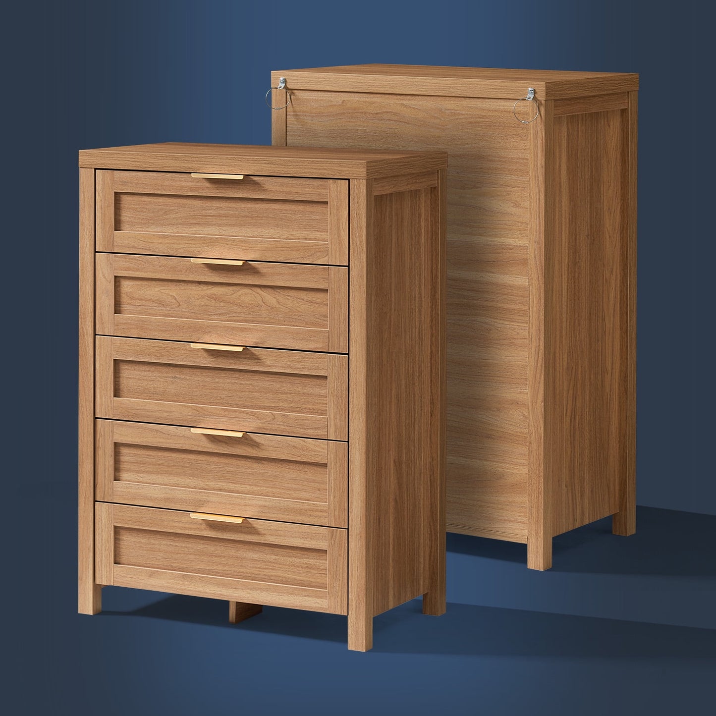 OAKHAM 5 Drawer Dresser Set of 2, Modern Wooden Chests of Drawers, Tall Dressers for Bedroom, Weathered Oak