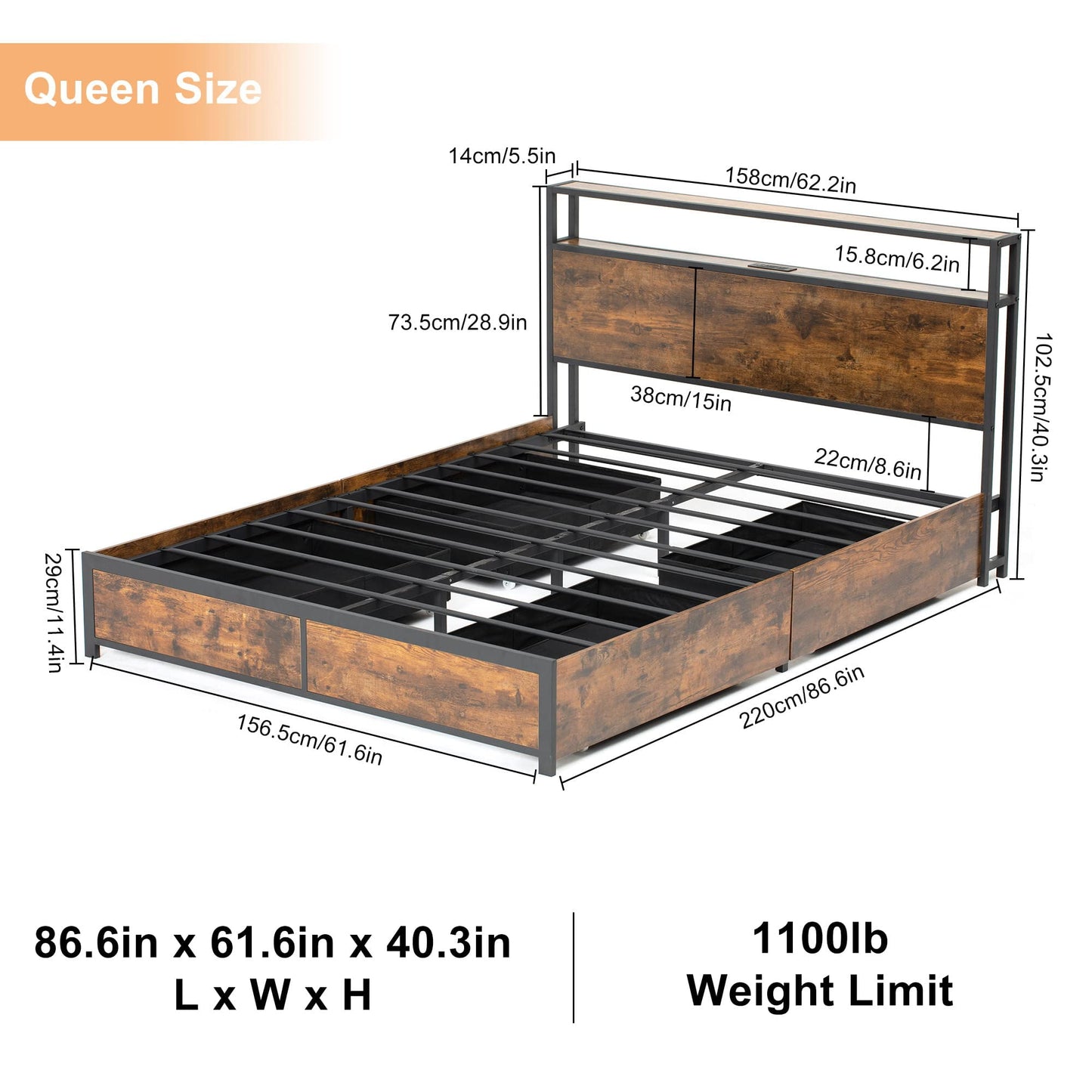 LED Queen Bed Frame with Power Charging Station & 4 Drawers, Metal Platform Bed with 2 Layer Storage Headboard(Brown-Queen)