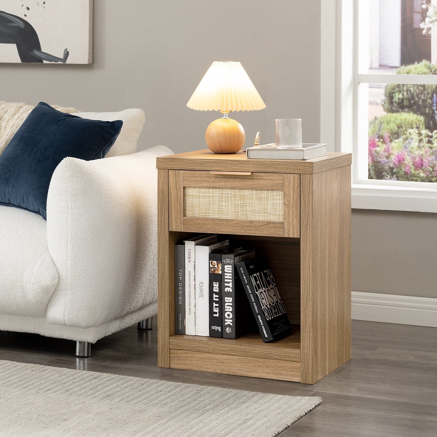 OAKHAM Rattan Nightstand with Charging Station, Bedside Table with Type-C/USB Port, Boho Side Tables End Table for Living Room, Bedroom, Weathered Oak
