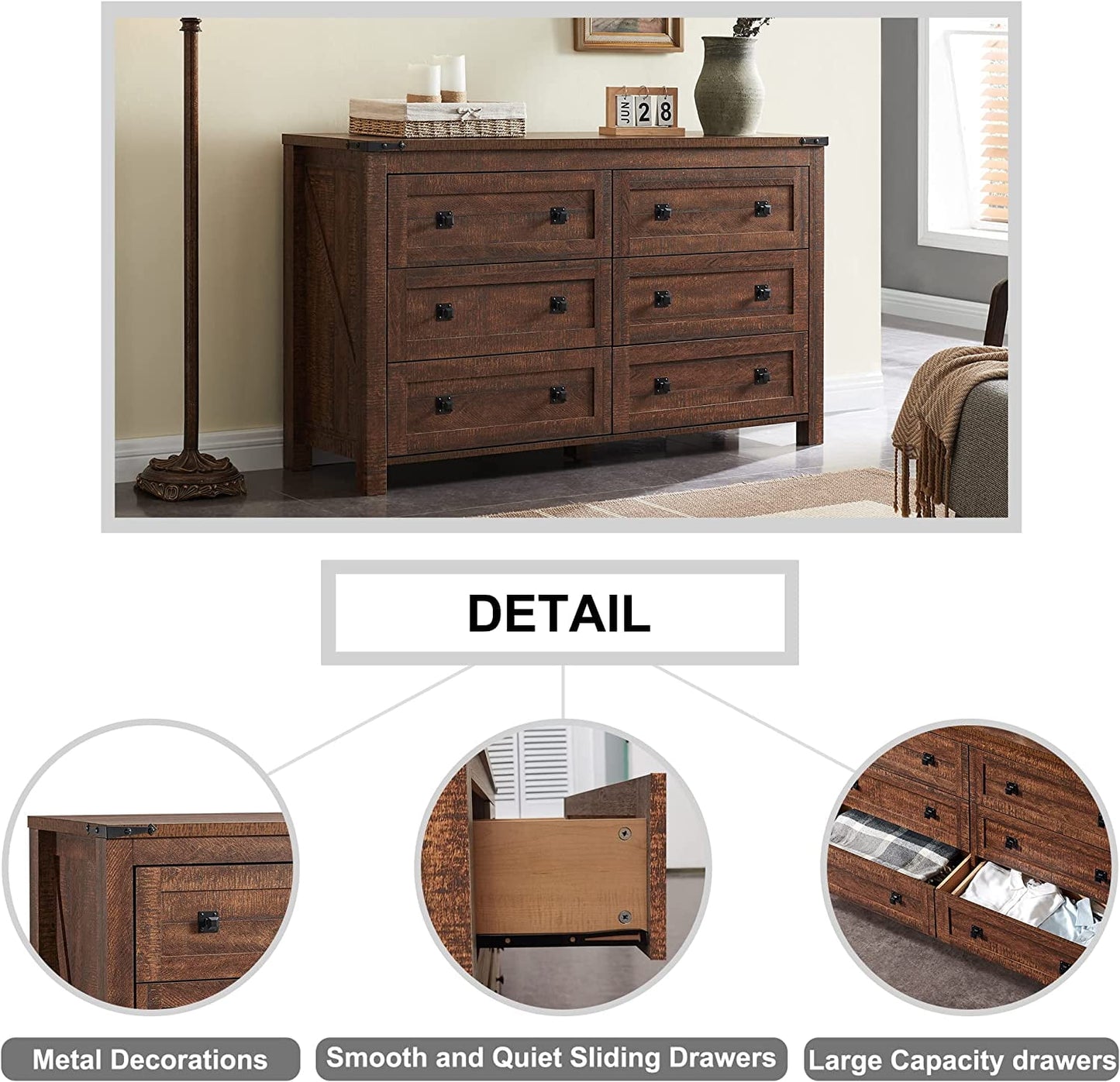 OKD Farmhouse 6-Drawer Dresser Chests for Bedroom, Wood Rustic Tall Chest of Drawers, Brown