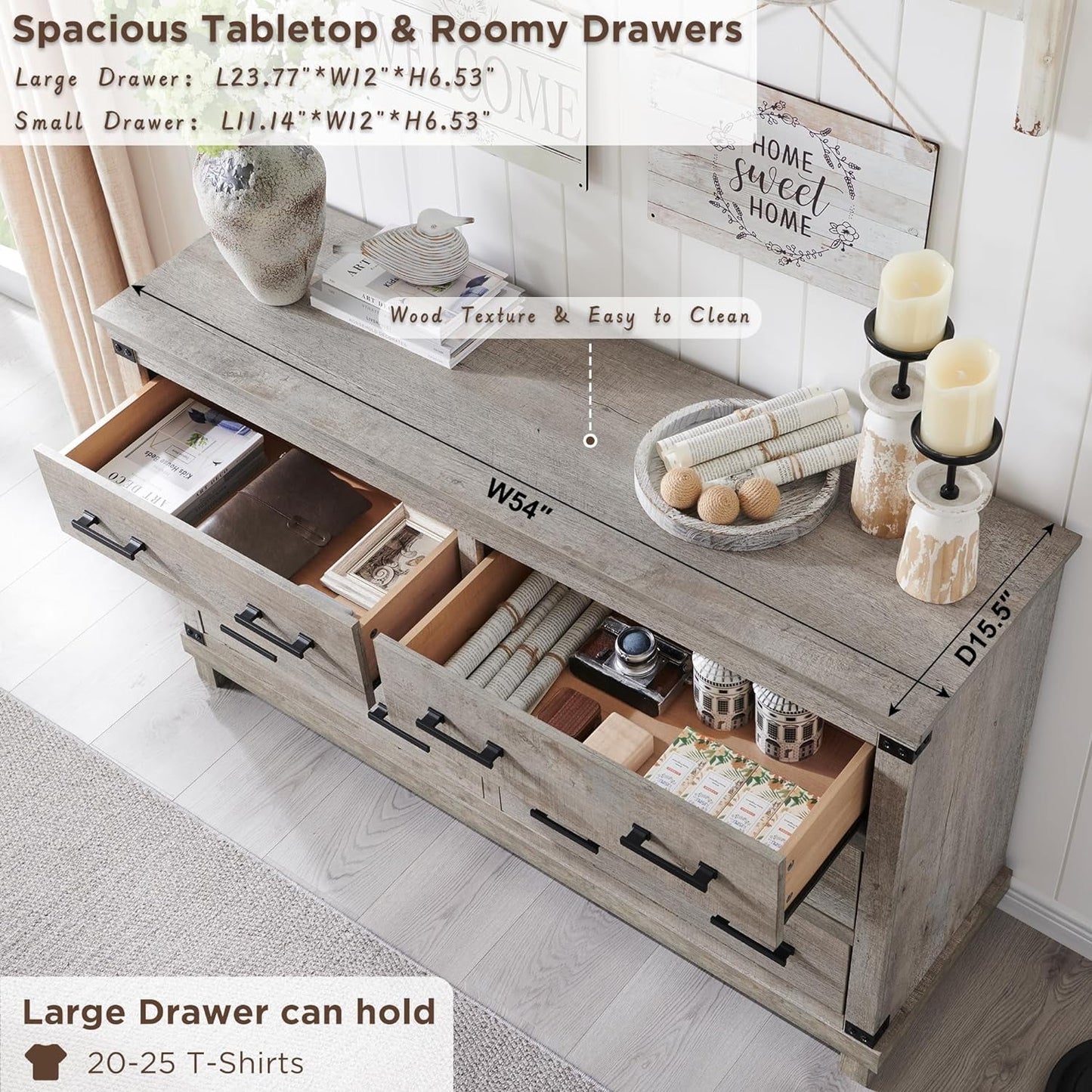 OKD 54in W Farmhouse Dresser 7 Drawers Modern Rustic Wood Chest of Drawers Closet Storage Organizers for Bedroom Living Room Hallway£¬Light Rustic Oak