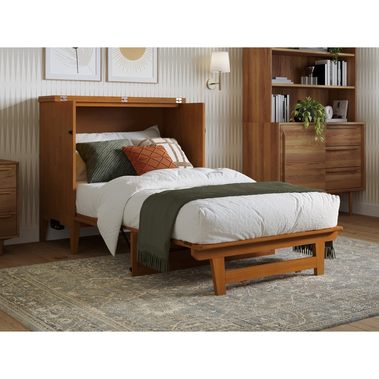 AFI Santa Fe Twin Wood Murphy Bed Chest with Mattress and Built-in Charger, Light Toffee