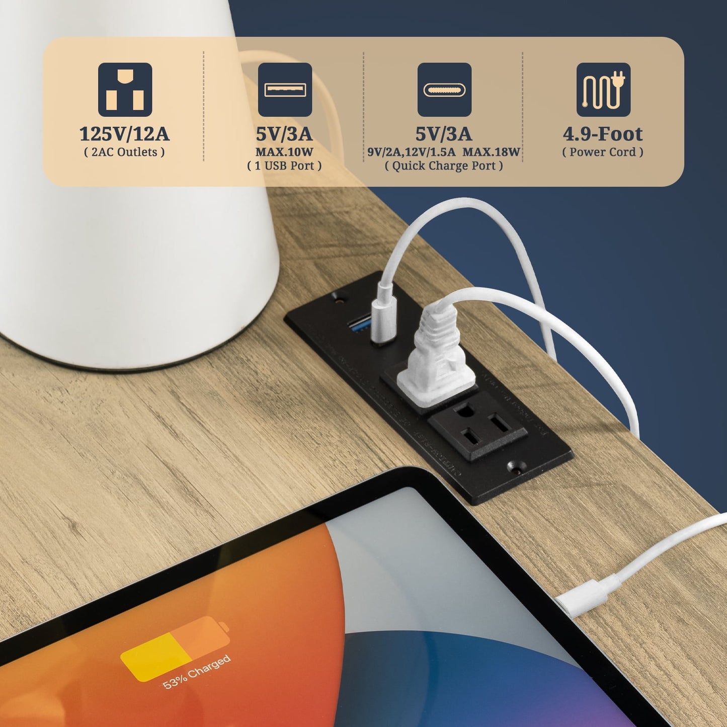 OAKHAM 2-Drawer Nightstand with Charging Station, Farmhouse Bedside table with USB/Type-C Ports