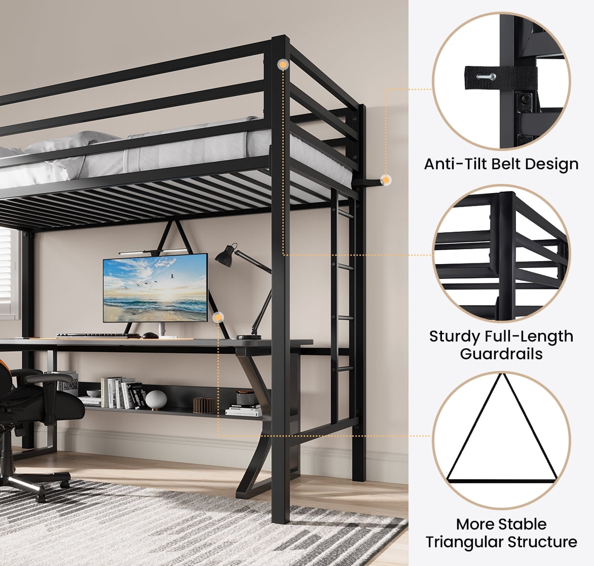 CERLIN Heavy-Duty Black Metal Twin Loft Bed with Underneath Space, Removable Stair & Safety Guard